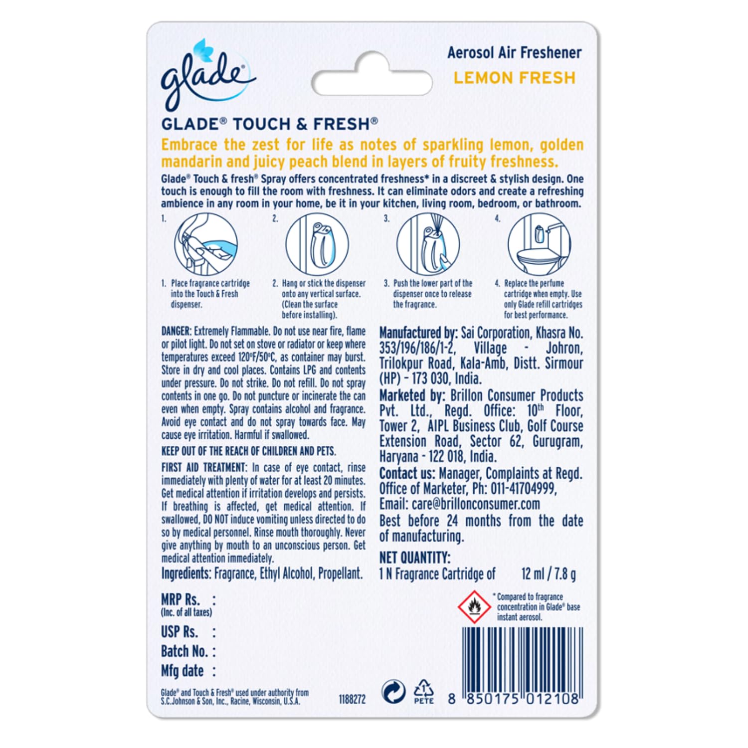 Glade Touch 'N' Fresh Lemon Scent Aerosol Air Freshener Refill (12ml) - Pack of 1 for Home, Office, Bathroom & Car Odor Elimination