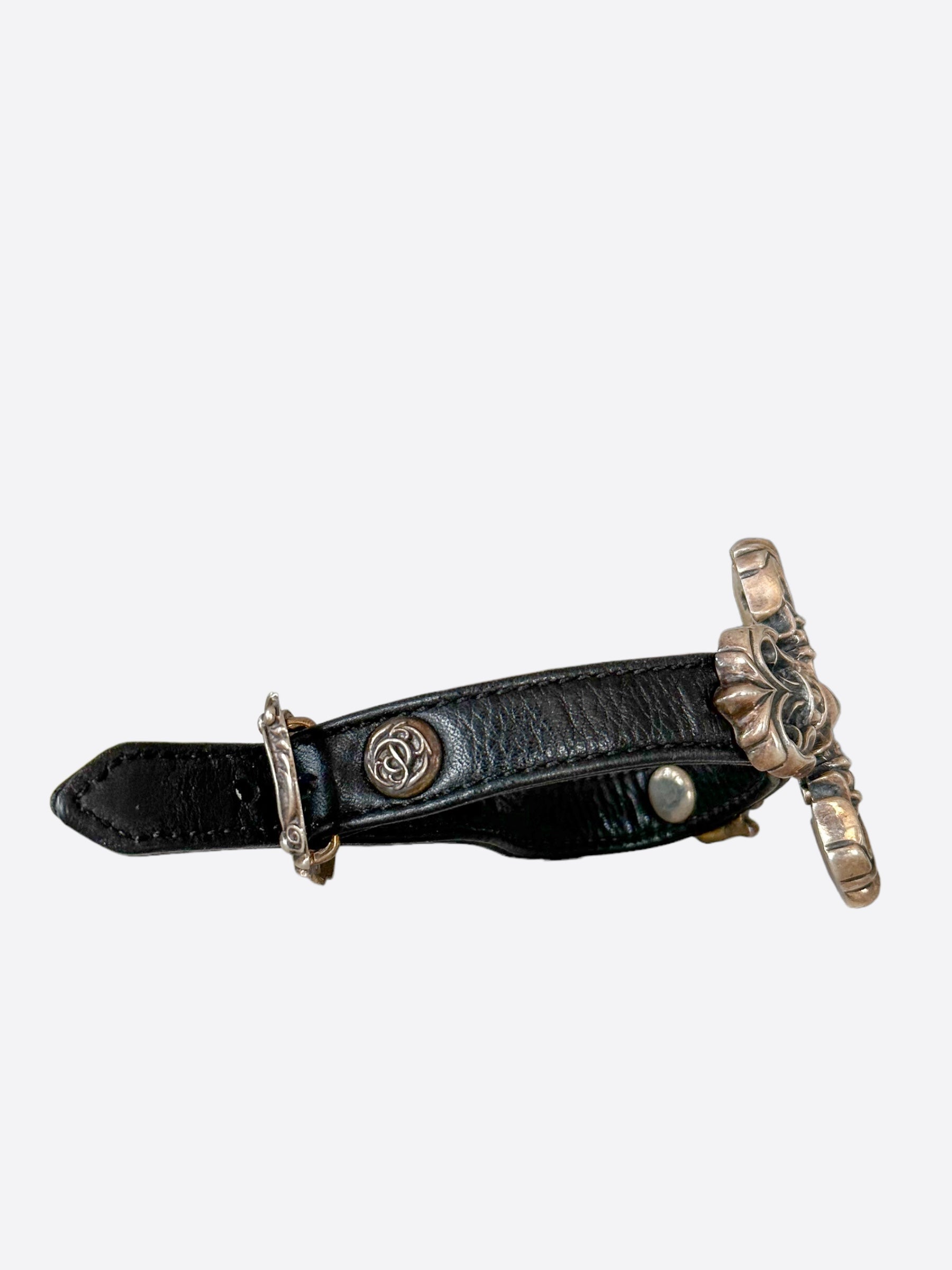 Chrome Hearts Black Leather Filigree Cross Gunslinger Bracelet for Men - Gothic Punk Jewelry Accessory for Bikers, Rockers & Fashion Enthusiasts