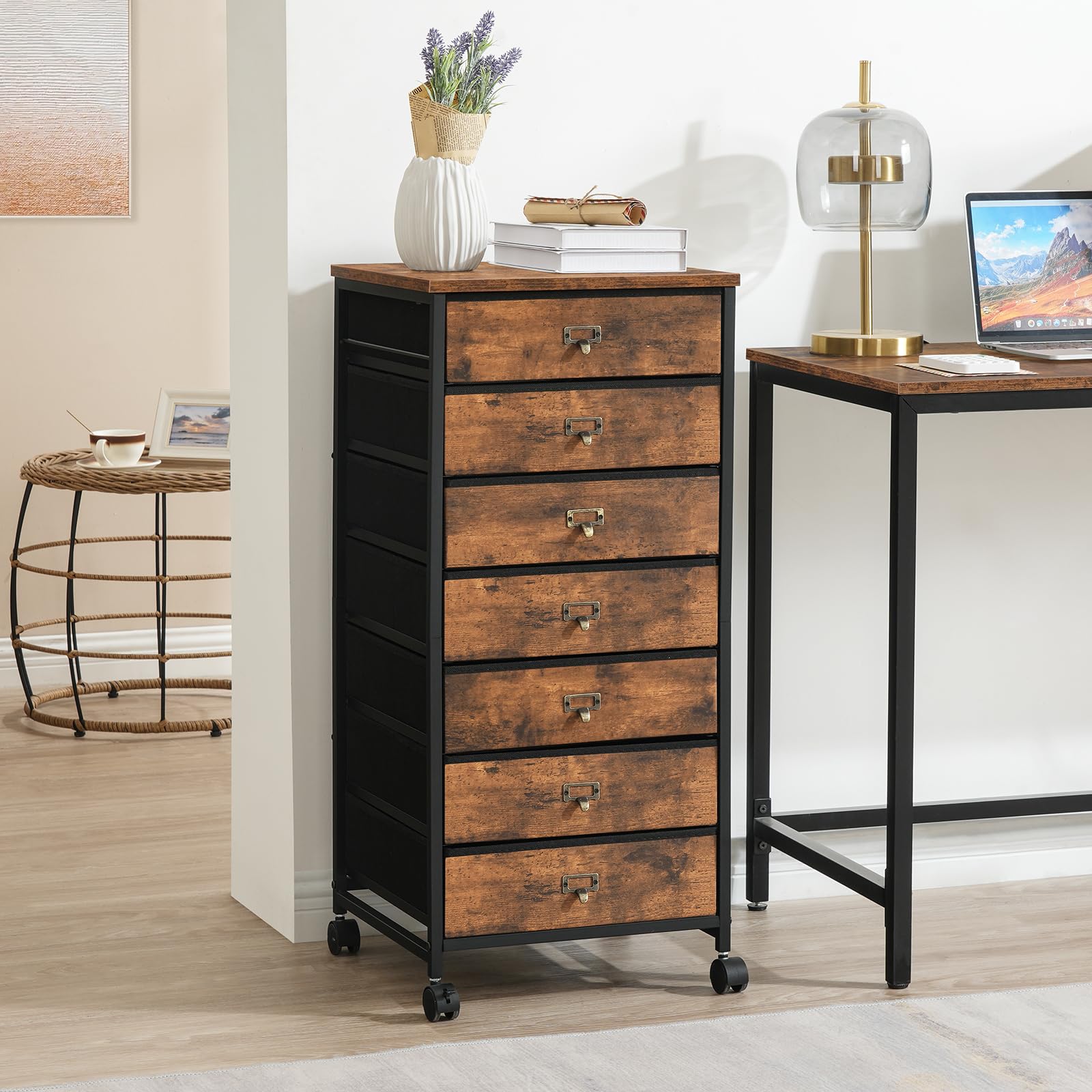 HOOBRO 7-Drawer Vertical File Cabinet, Metal Office Storage Cabinet with Drawers, Home Office Organizer - Rustic Brown & Black, Includes S-Hooks & Nameplates, Sturdy Metal Frame, Easy Assembly | Perfect for Document Storage, Office Organization & Home Workspace