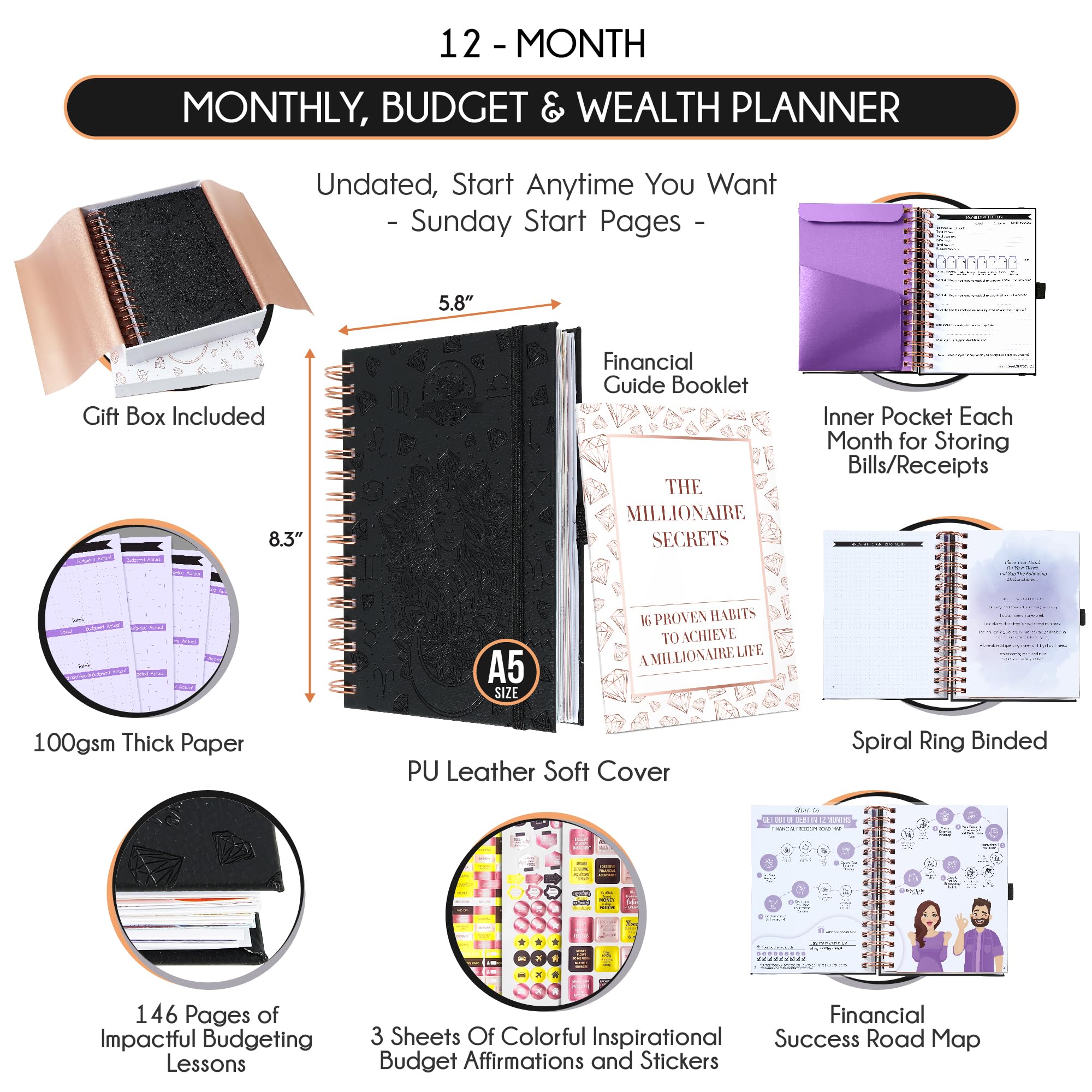 2025 Spiral Budget Planner & Monthly Bill Organizer with Pockets – Financial Journal, Debt Tracker for Bill Payments & Savings | 12-Month Money Management System for Financial Freedom | Perfect for Personal Finance, Home Budgeting & Expense Tracking