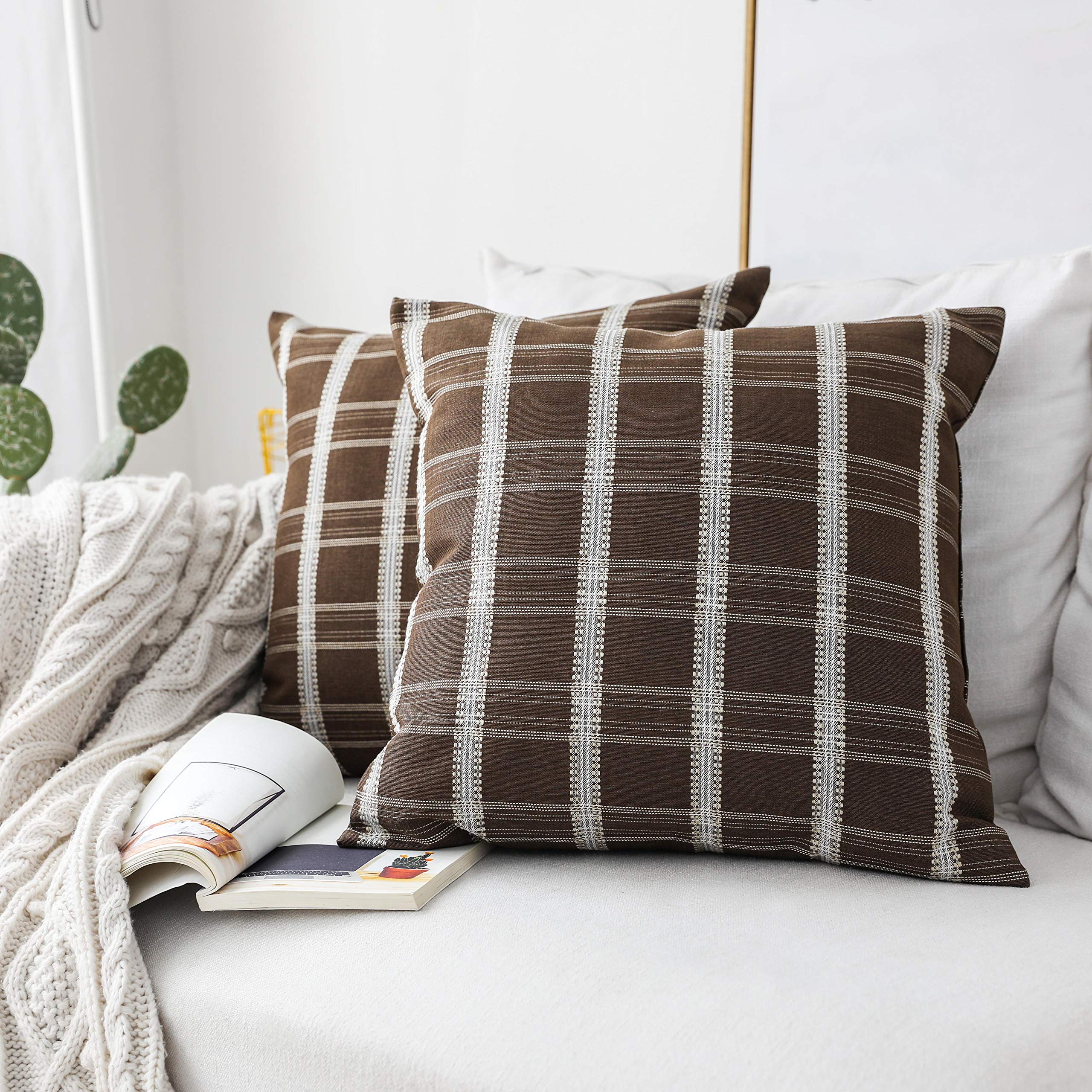 Farmhouse Linen Throw Pillow Covers Set of 2 - 18x18 Inch (45x45cm) Brown Square Decorative Pillow Cases for Couch, Sofa & Bedroom - Soft Textured Home Decor Accent Pillows for Living Room & Guest Room