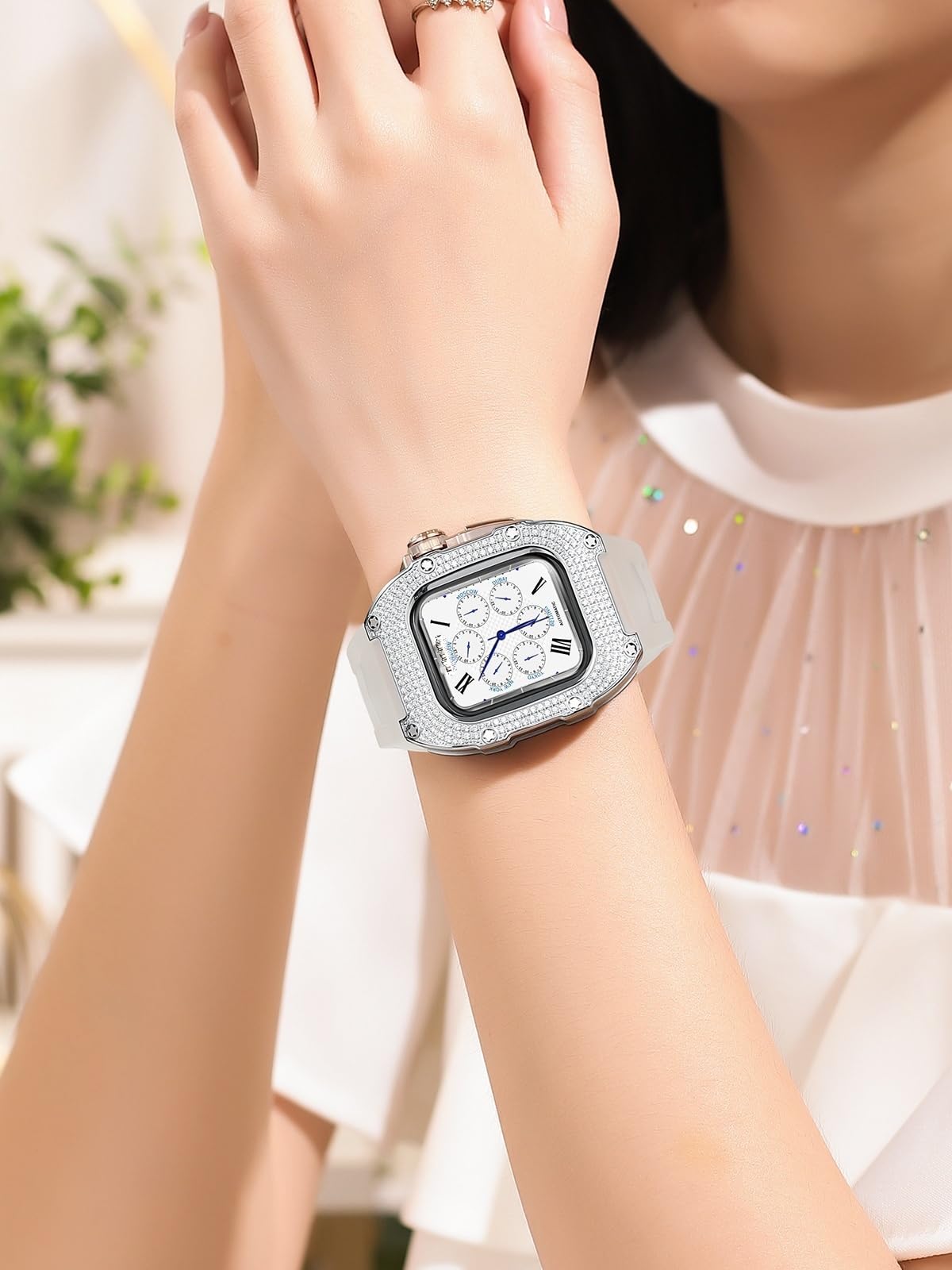 Premium Titanium Alloy Case & Diamond Bezel Apple Watch Band for Women - Compatible with Series 8/7/6/5/4/3 (41mm/40mm) - Luxury Fluoroelastomer Strap with Stainless Steel Clasp - Perfect for Workouts, Office Wear & Special Occasions