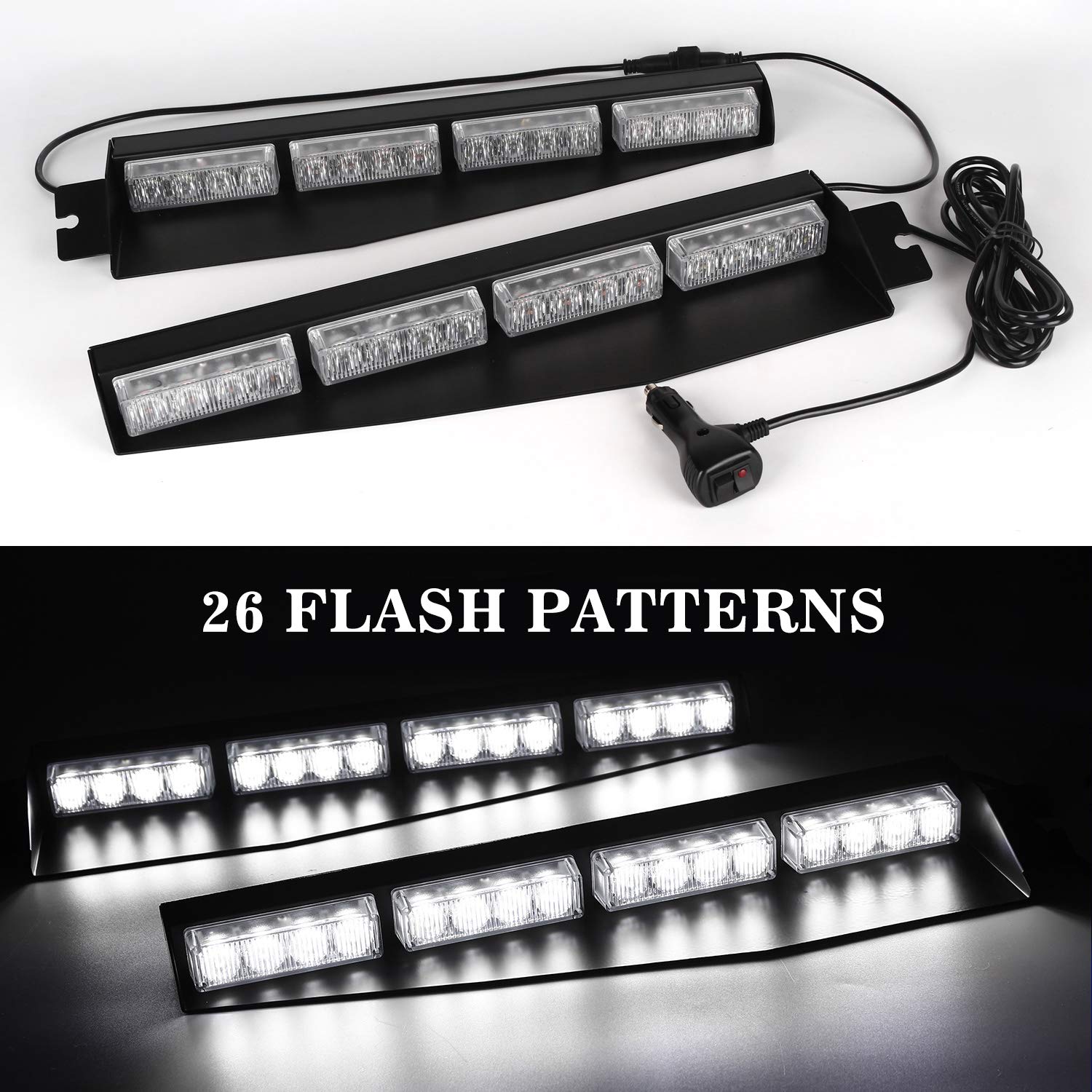 ASPL 32 LED Emergency Strobe Light Bar - 26 Flash Patterns, Windshield Visor Mount with Extendable Bracket for Trucks, Police Cars & Emergency Vehicles - White Warning Beacon for Roadside Safety & Hazard Alerts