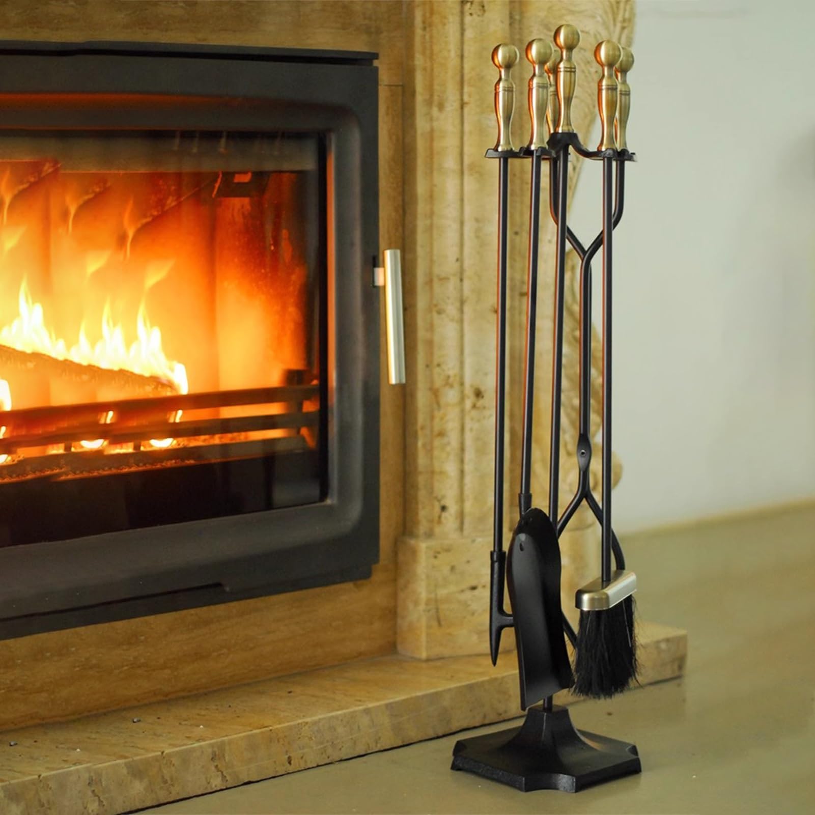AVIISO 5-Piece Black Rustic Fireplace Tool Set - Cast Iron Fireplace Accessories with Stand, Poker, Shovel, Brush & Tongs for Wood Stove, Fire Pit & Chimney - Perfect for Indoor/Outdoor Fireplace Maintenance & Decoration