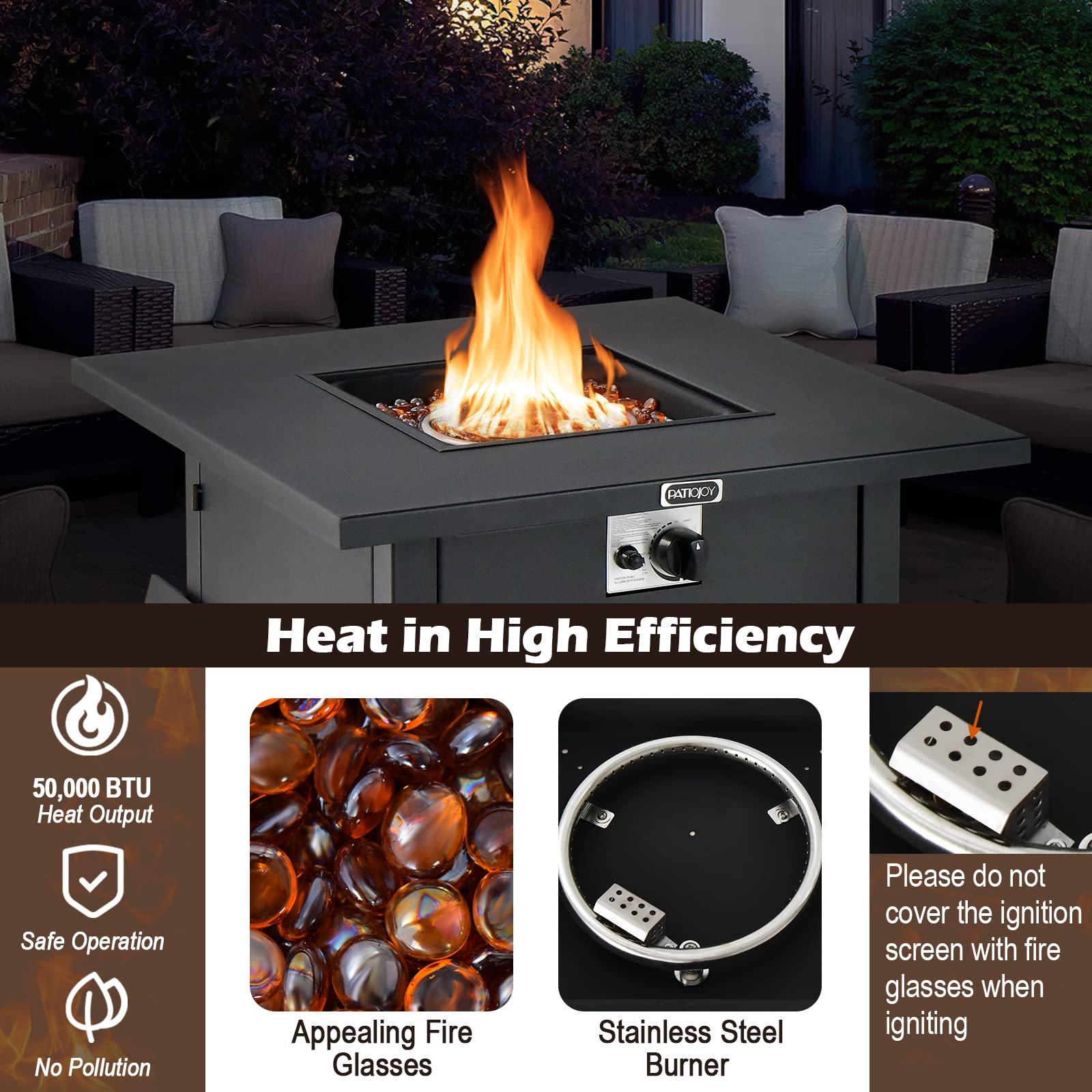 Tangkula 32 Inch Outdoor Propane Fire Pit Table - 50,000 BTU Square Patio Heater with Clear Glass Rocks & PVC Cover, Easy Ignition System - Perfect for Backyard, Poolside, Deck, and Garden Gatherings