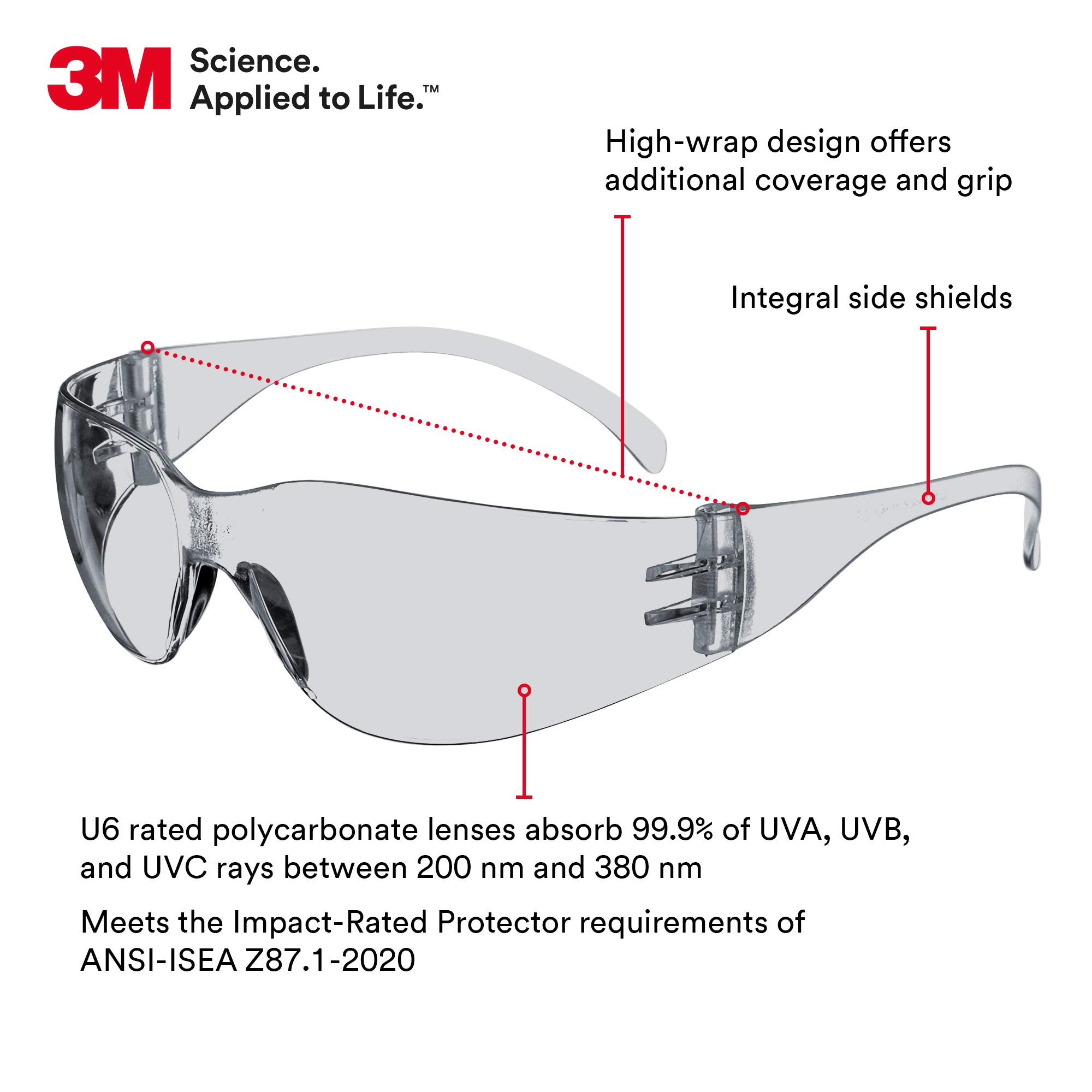 3M Virtua Safety Glasses - ANSI Z87.1 Certified, Clear Hard Coat Lens & Frame, Unisex Protective Eyewear for Indoor/Outdoor Use | Lightweight, Wraparound Design with UVA/UVB/UVC Protection | Ideal for Construction, Lab Work, Woodworking & DIY Projects