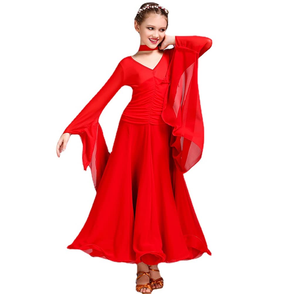 Elegant Kids Long Sleeve Ballroom Dance Dress with Floating Yarn Design - Competition & Performance Outfit for Girls - Perfect for Ballet, Waltz, and Formal Events