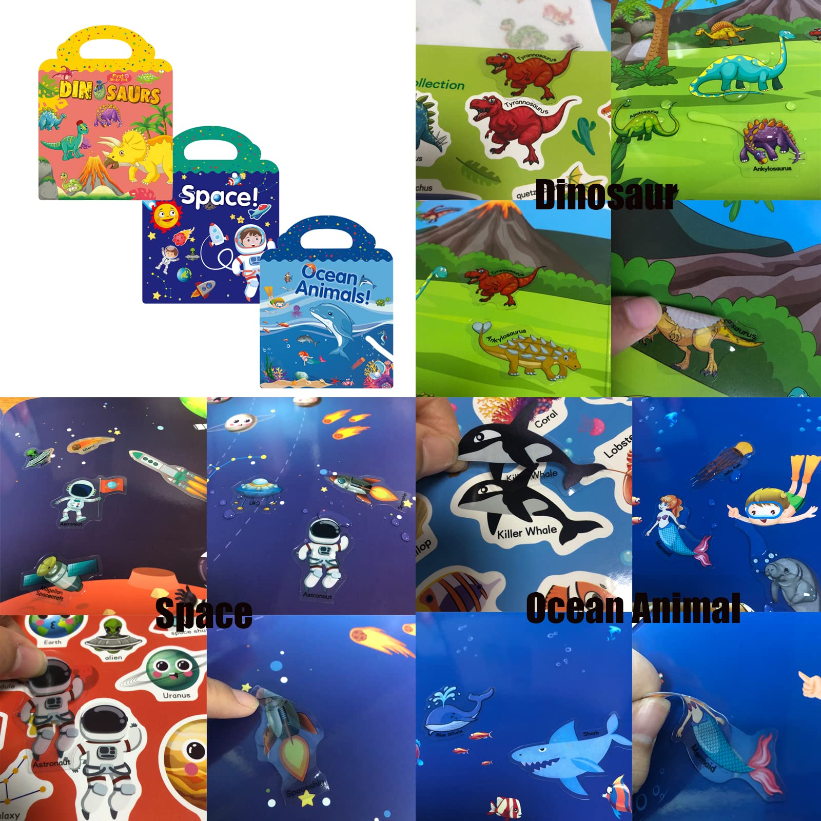 Reusable Sticker Books for Kids - Educational Travel Learning Toys for Toddlers 3-5 Years Old | Dinosaur, Space & Ocean Animal Themes | Perfect for Road Trips, Airplane Activities & Preschool Learning