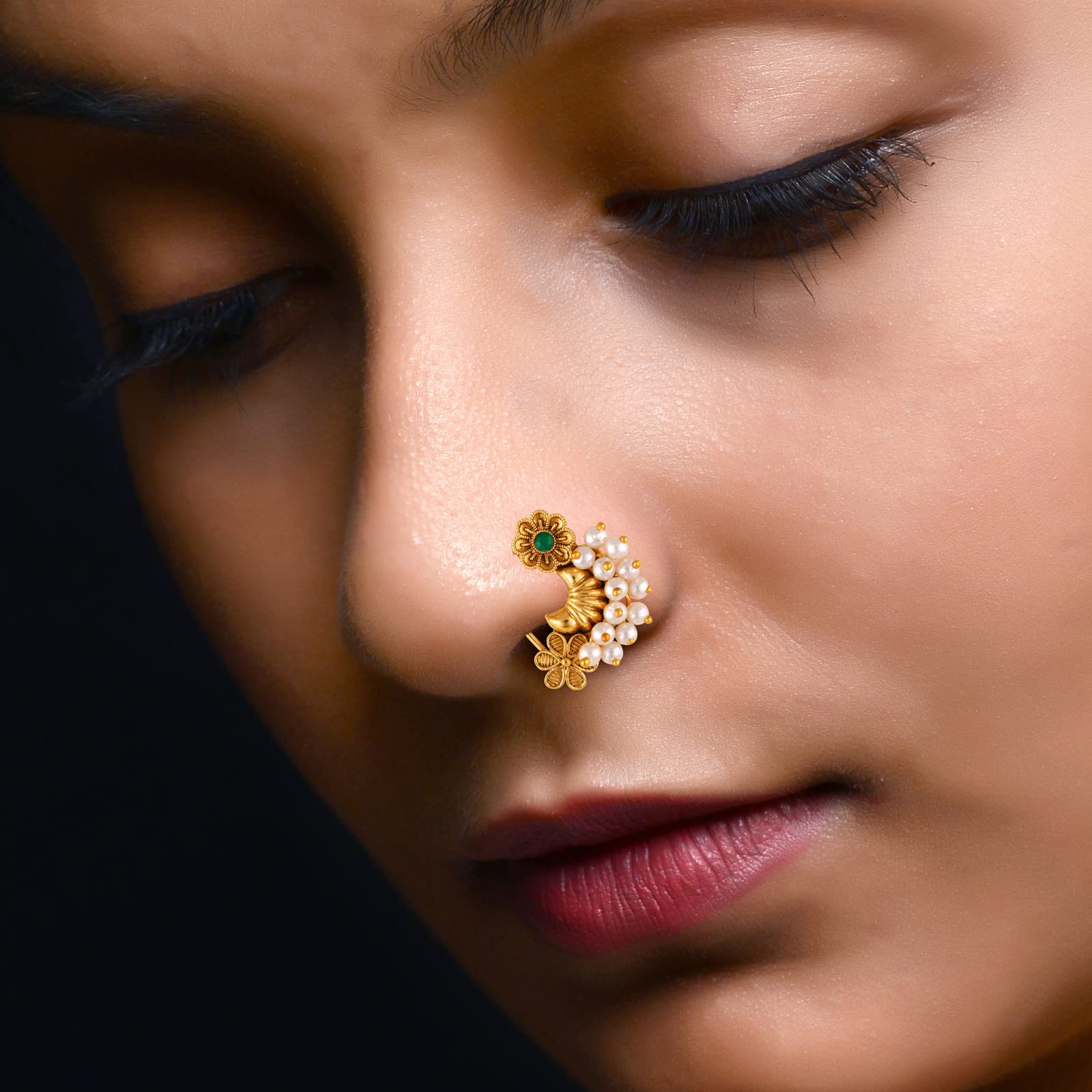 Vighnaharta Gold Plated Pearl Alloy Nose Ring with Artificial Stones - Traditional Maharashtrian Non-Piercing Nath - Valentine's Day Gift for Women & Men (VFJ1179NTH-Press-Green) | Perfect for Weddings, Festivals & Ethnic Fashion