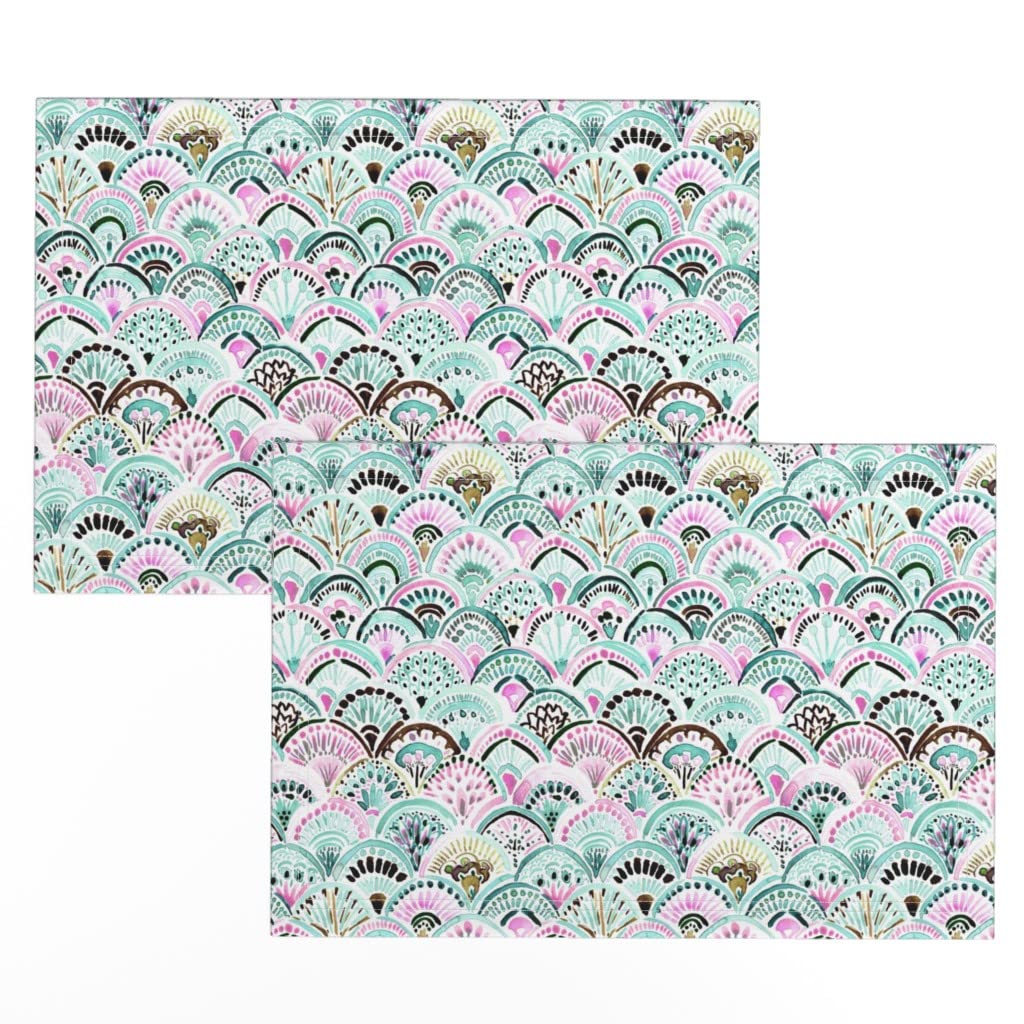 Boho Mermaid Mint Pink Watercolor Print Linen Cotton Canvas Placemats (Set of 2) - Washable Table Mats for Dining, Kitchen Decor, and Party Table Setting