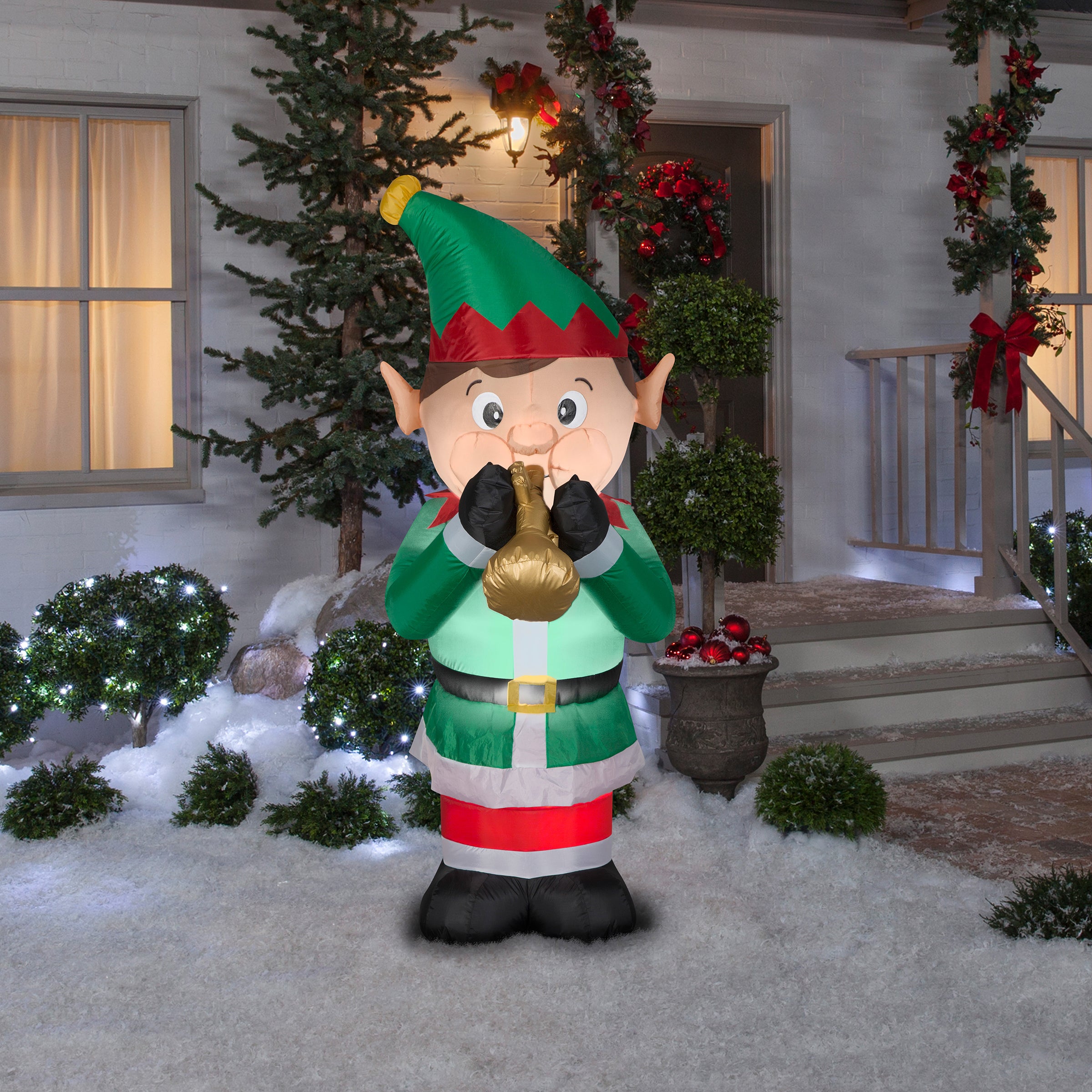 6 ft. Inflatable Trumpet Playing Christmas Elf with LED Lights - Outdoor Holiday Decoration for Yard, Lawn, and Party Decor