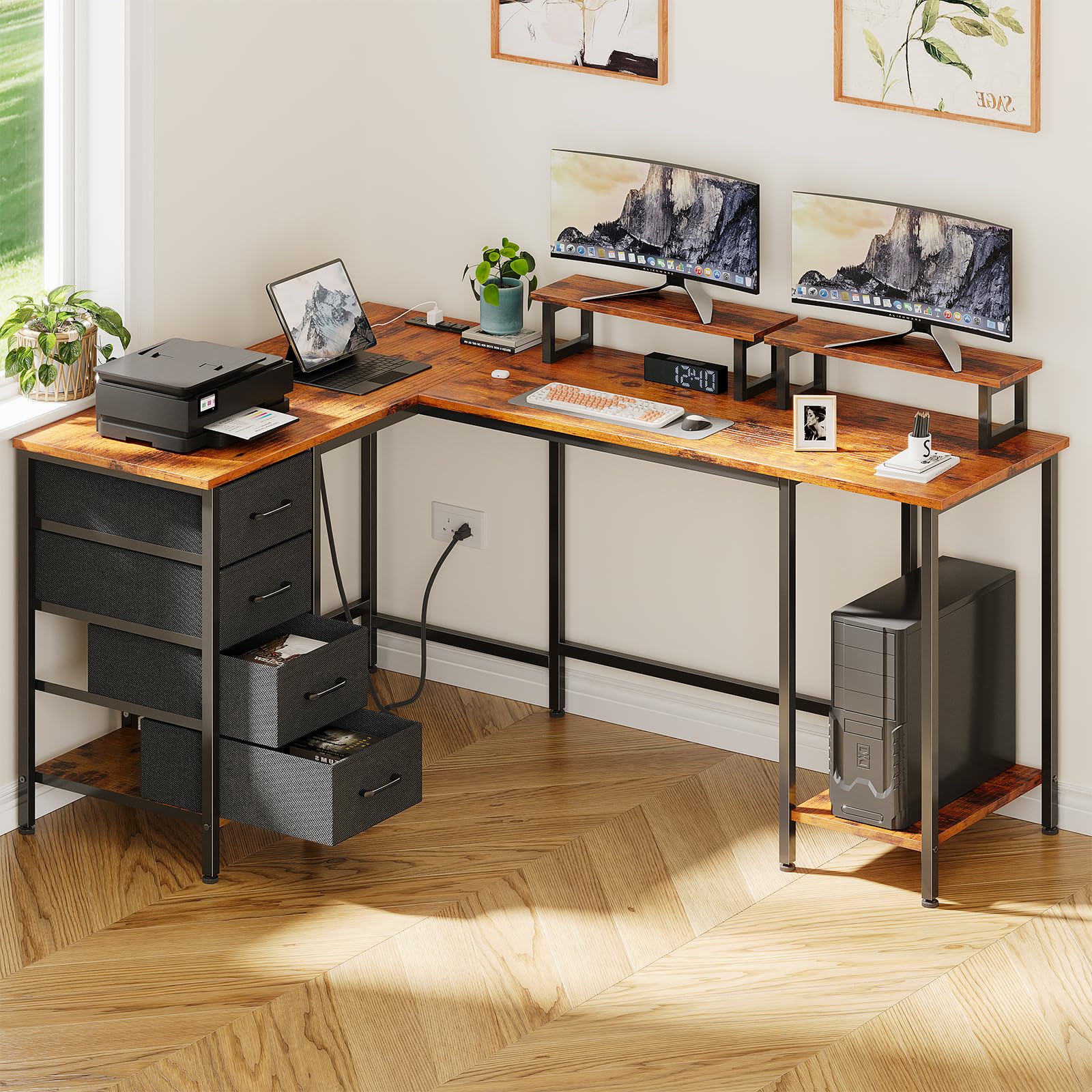 59 Inch L-Shaped Computer Desk with Power Outlets - Home Office Desk with 4 Adjustable Drawers & Dual Monitor Stands, Two-Person Gaming Desk for Bedroom, Rustic Brown - Perfect for Small Spaces & Multi-Monitor Setups