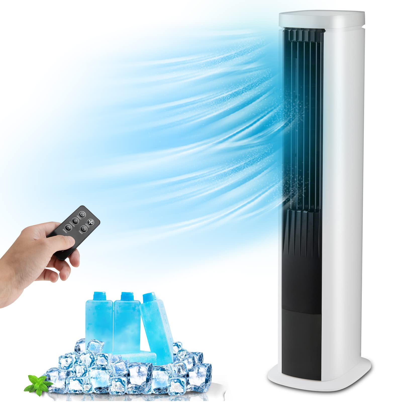 COSTWAY 40-Inch Portable Evaporative Air Cooler with Remote Control - Bladeless Cooling Tower Fan with 4 Speeds, 7H Timer, 60° Oscillation - Includes 4 Ice Packs - Quiet Swamp Cooler for Home, Office, Bedroom & Outdoor Use