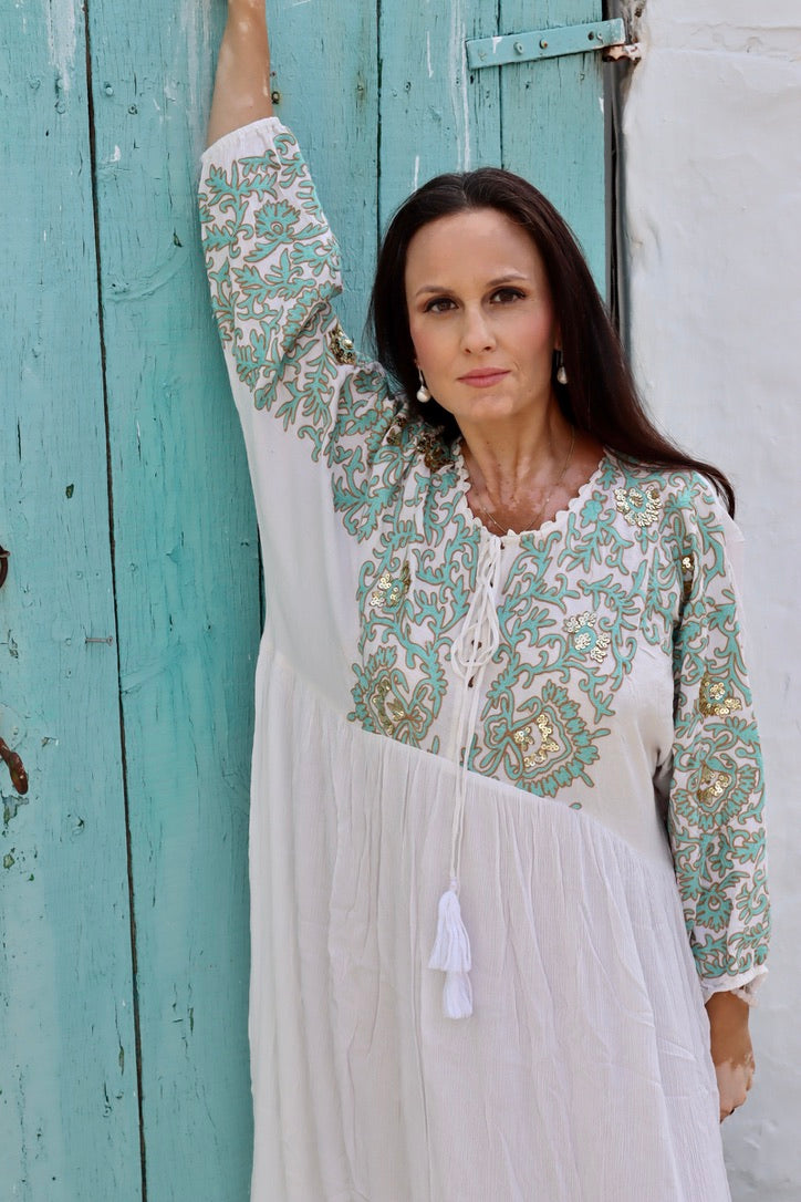 Lio Lux Kaftan - White & Turquoise Boho Beach Cover Up for Women | Lightweight Summer Dress for Vacation, Poolside, and Resort Wear