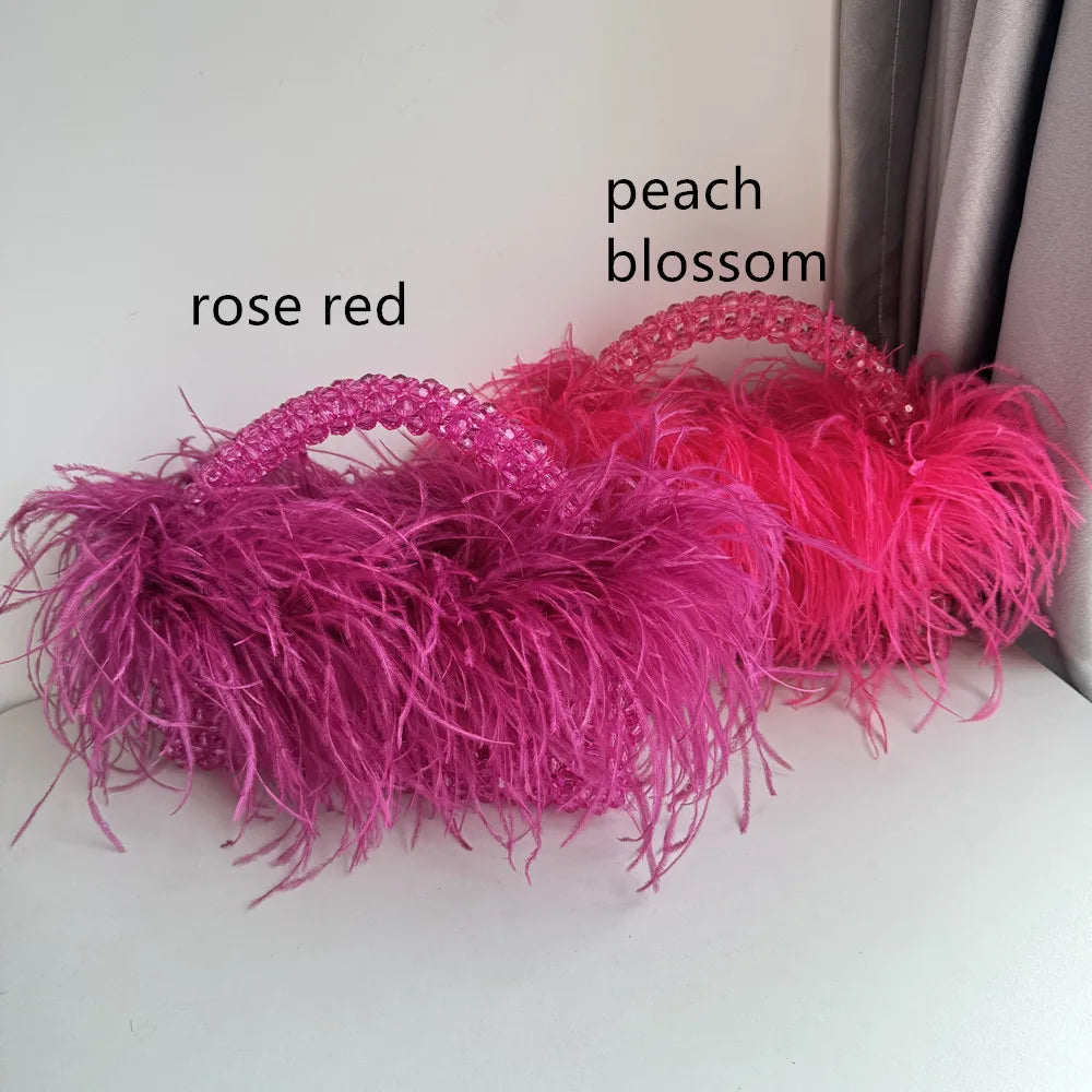 Handmade Designer Pearl Bead Bag with Feather Fur Trim - Elegant Acrylic Crystal Stone Evening Tote Clutch for Women | Perfect for Parties, Weddings & Special Occasions