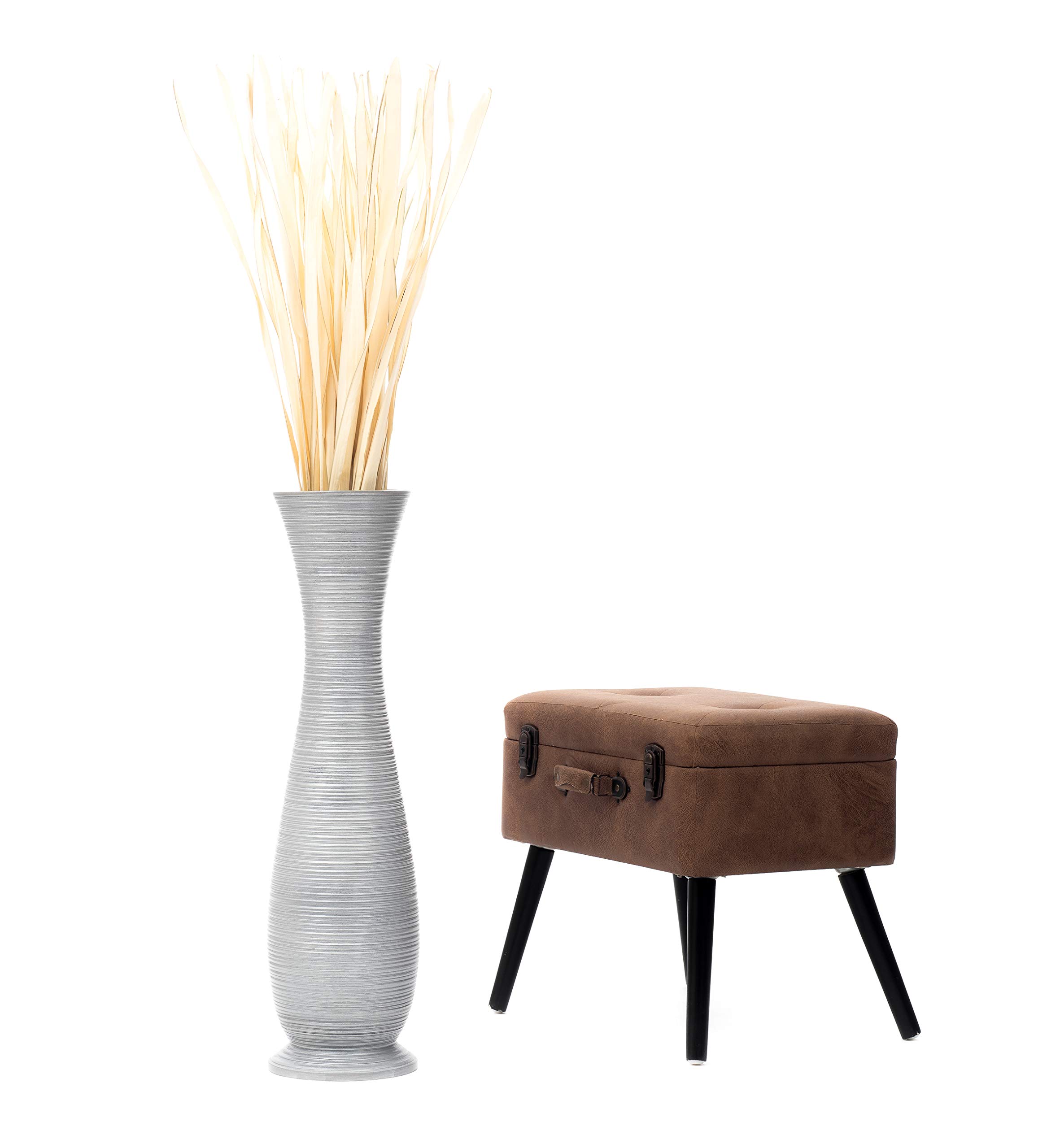 Leewadee 28 Inch Large Silver Floor Vase - Farmhouse Decor Wooden Flower Vase for Fake Plants, Pampas Grass & Home Decor | Perfect for Living Room, Bedroom & Entryway Decor