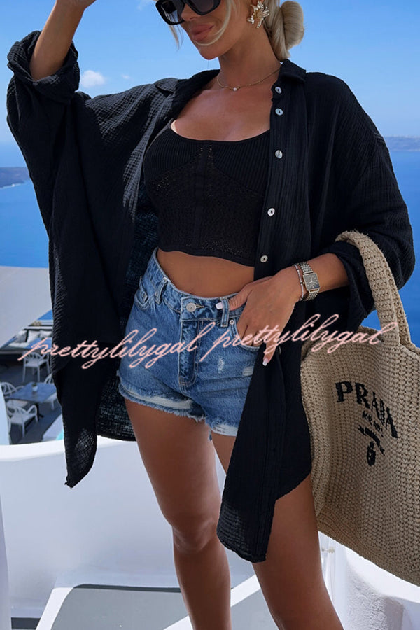 Summer Breeze Linen Blend Sequin Magic Eye Design Oversized Relax Shirt for Women | Boho Chic Beach Cover Up | Casual Loose Fit Blouse for Vacation, Party & Date Night