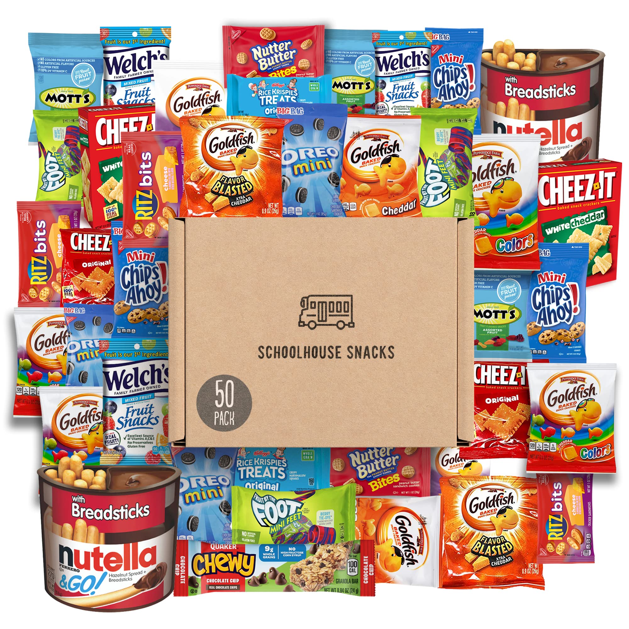 **SCHOOLHOUSE SNACKS - Kids Snack Box (50 Count) | Assorted American Crackers & Cookies | Healthy School Snacks, Variety Pack for Travel, Camp, Lunch Box & Gift Ideas**    **Perfect for:** School Lunches, After-School Treats, Road Trips, Camping, Birthday Gifts & Care Packages