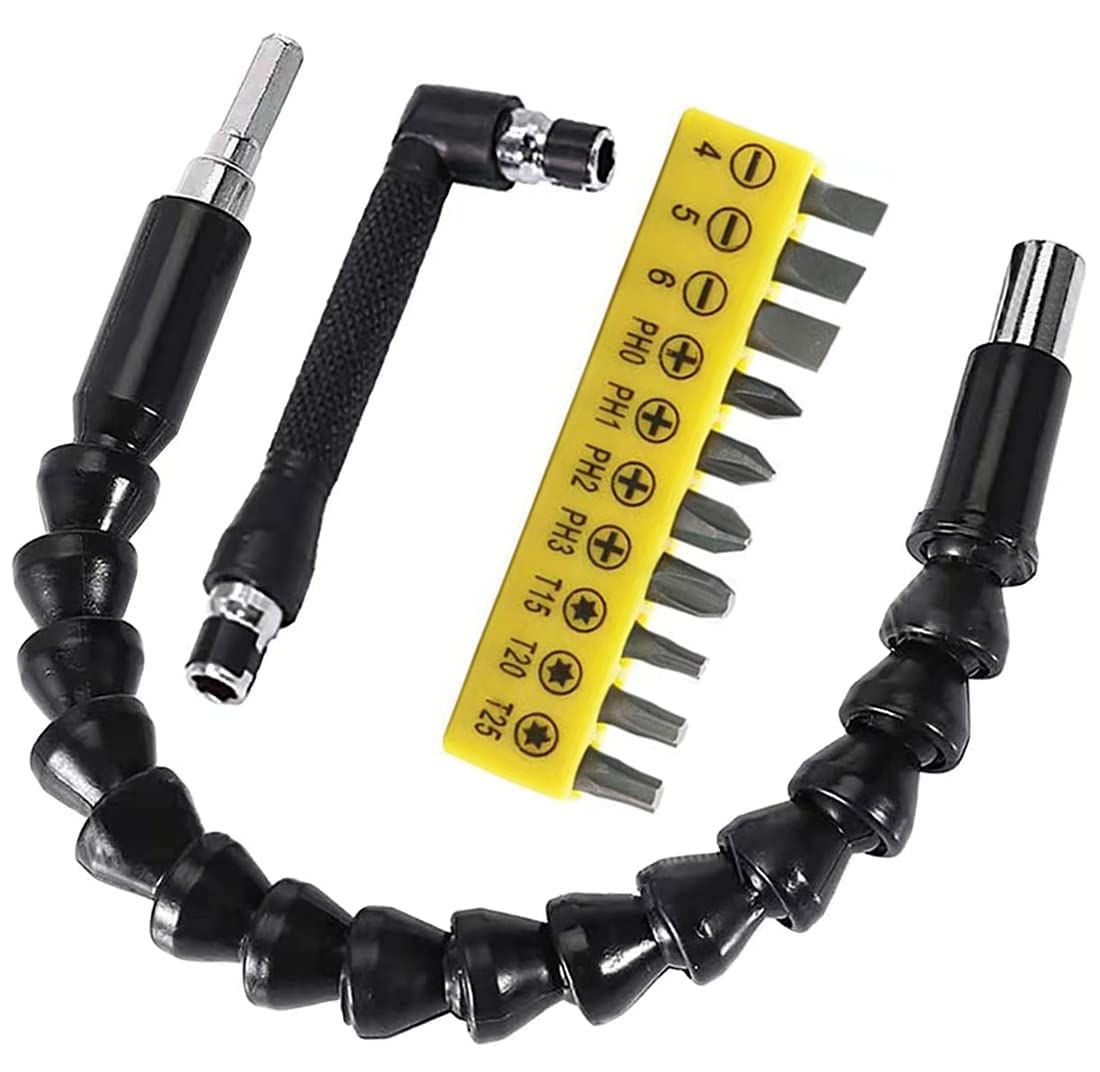 Flexible Drill Bit Extension Kit - 11.7 Inch Bendable Extension Bit with 10Pcs Screwdriver Bit Set & 90° Right Angle Screwdriver | Soft Shaft Drive Adapter for Tight Spaces, Hard-to-Reach Areas & DIY Projects