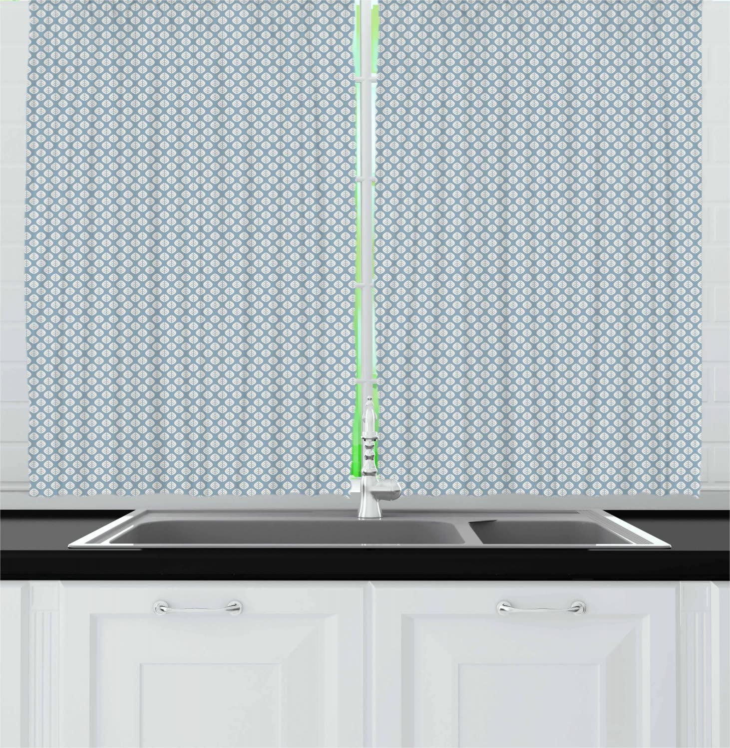 Ambesonne Blue and White Long Kitchen Curtains - Tropical Leaf Doodle Foliage Pattern with Pastel Background, 55