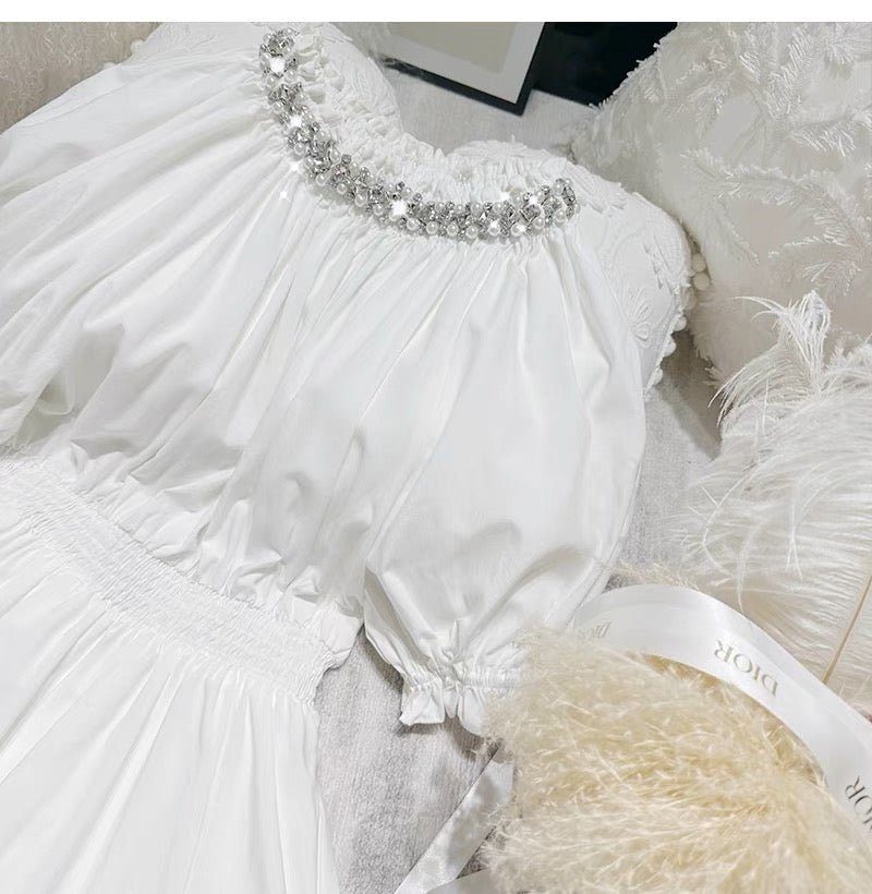 Elegant Crystal Neck Puff Sleeve Mini Dress for Women - Perfect for Parties, Weddings & Evening Events