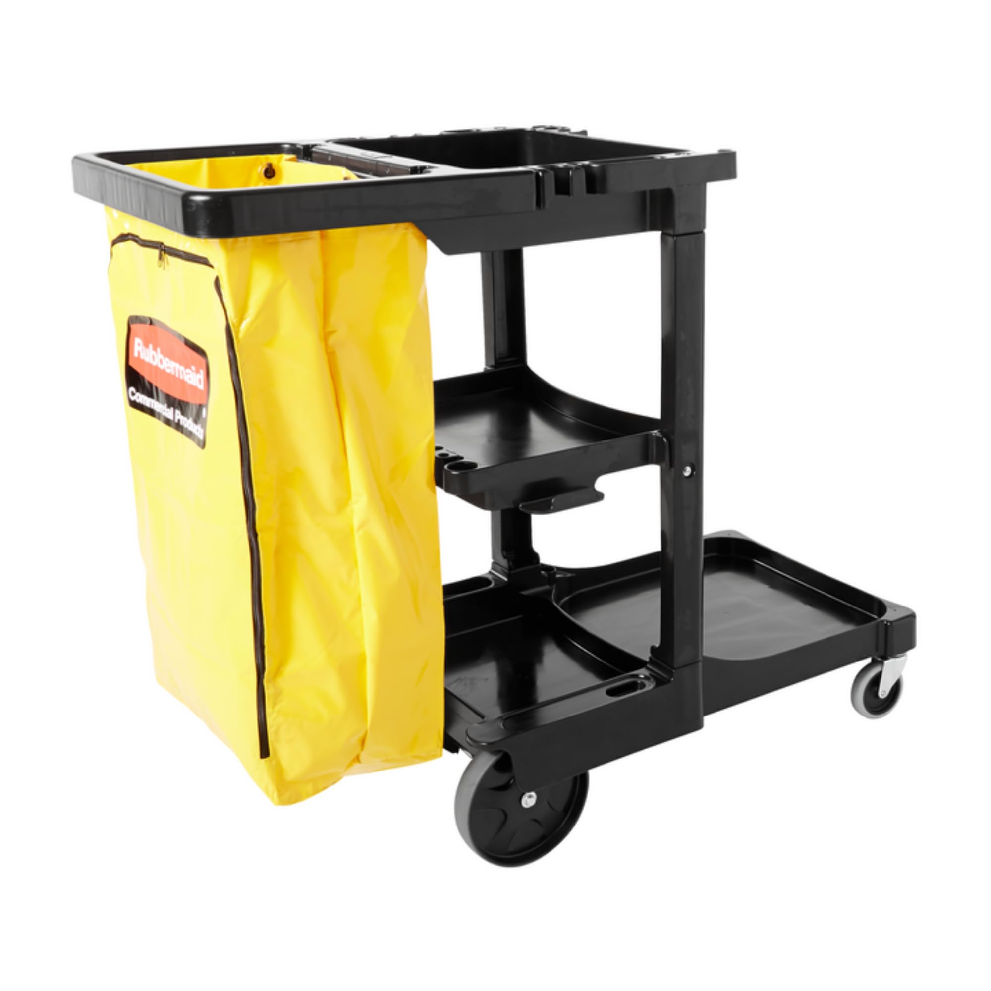 Rubbermaid Commercial 3-Shelf Cleaning Cart with Wheels & Zippered Yellow Vinyl Bag - Heavy Duty Janitorial Cart for Office, School, Business - Ideal for Mopping, Dusting & Organizing Cleaning Supplies