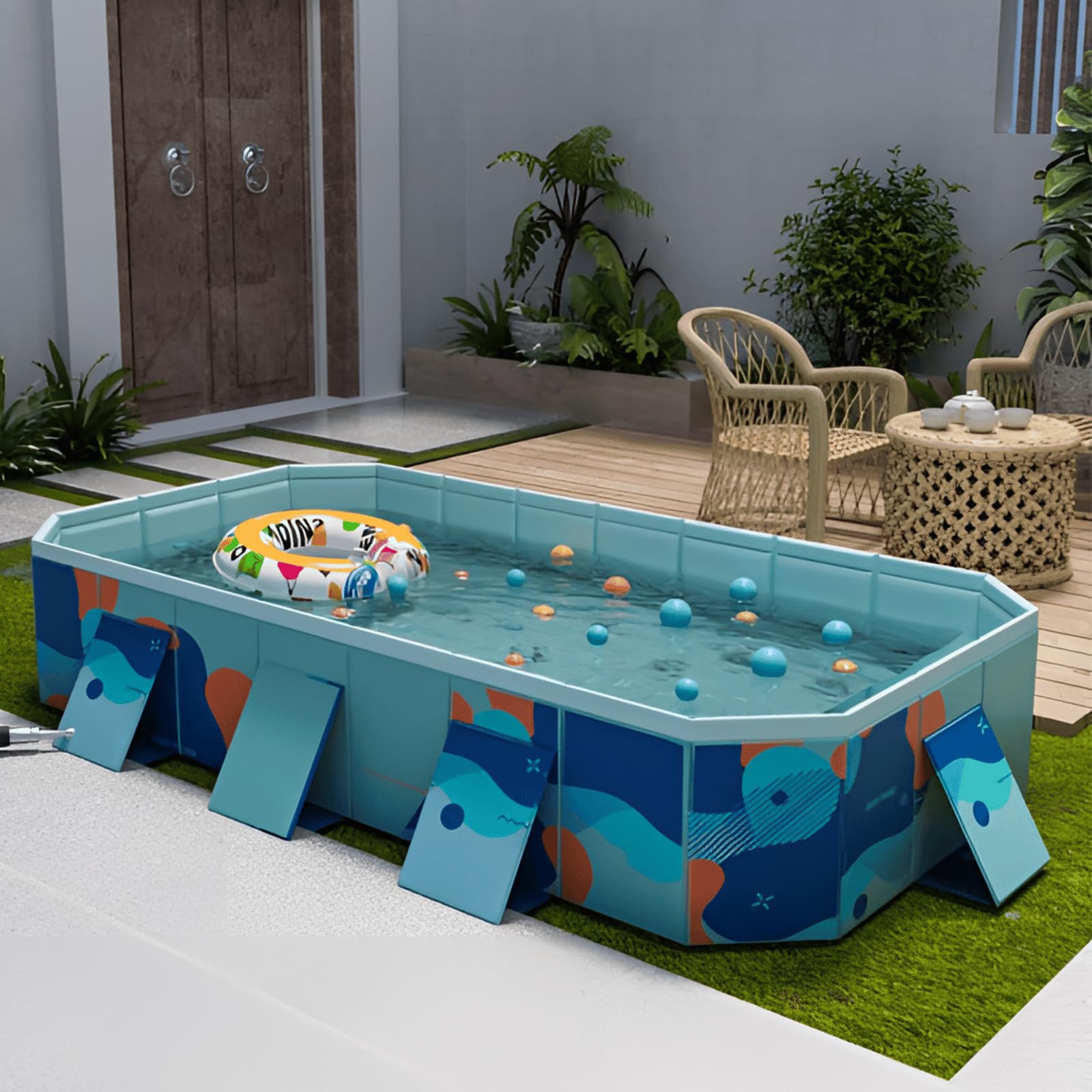 Foldable Above Ground Swimming Pool - 3m Rectangular Outdoor Family Pool with Drain Plug & Easy Assembly | Perfect for Backyard, Garden & Summer Fun (Style C)