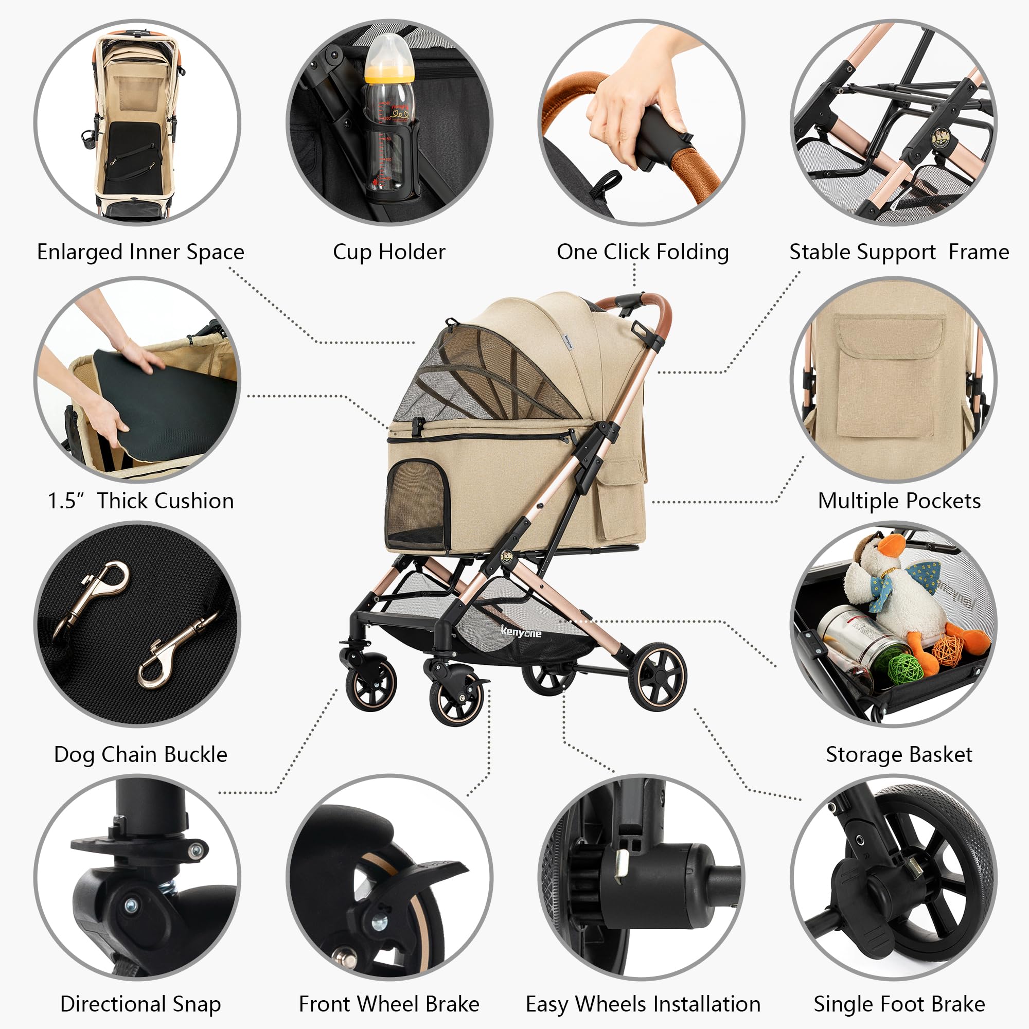 Kenyone Medium Dog Stroller for Pets Up to 55lbs - Lightweight Aluminum Frame, One-Click Folding, No-Zip Entry & Detachable Mesh - Perfect for Walks, Vet Visits & Outdoor Adventures