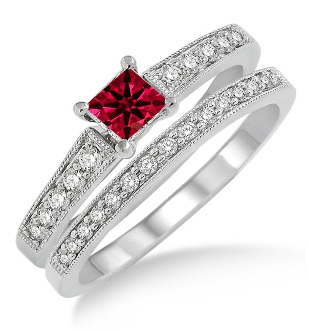 1.5 Carat Genuine Ruby Vintage Floral Bridal Ring Set in 10K White Gold - Perfect for Engagement, Wedding & Anniversary Gifts