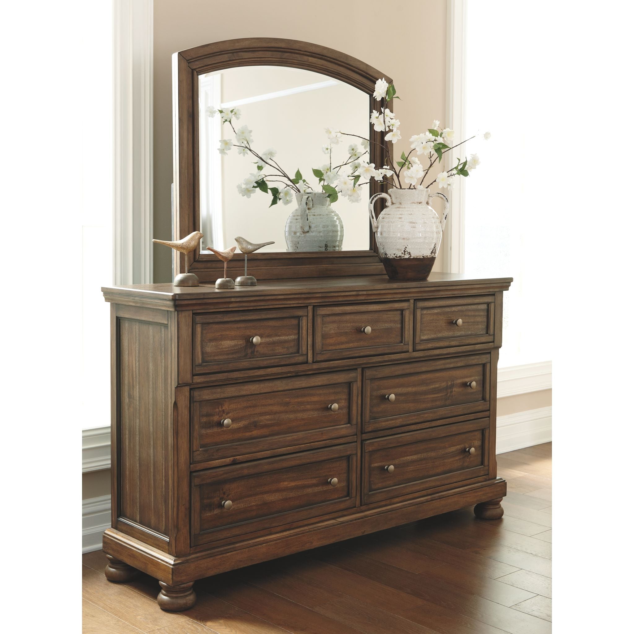Baymore 5-Piece Bedroom Furniture Set - Queen Size Bed, Nightstand, Dresser & Mirror in Medium Brown Finish | Perfect for Master Bedroom, Guest Room & Apartment Decor