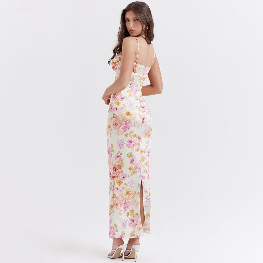 Elegant Floral Satin Maxi Dress for Women - Stretchy Bodycon Formal Gown - Perfect for Weddings, Parties & Special Occasions