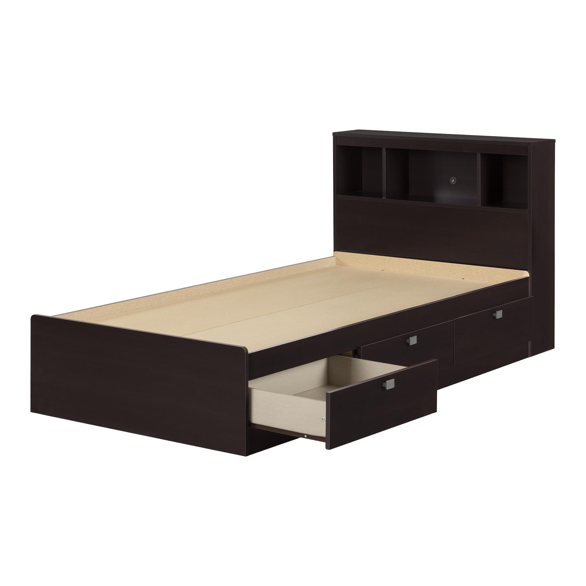 South Shore Twin Storage Bed with Bookcase Headboard in Chocolate - Space-Saving Kids Bedroom Furniture for Small Rooms & Dorm Organization