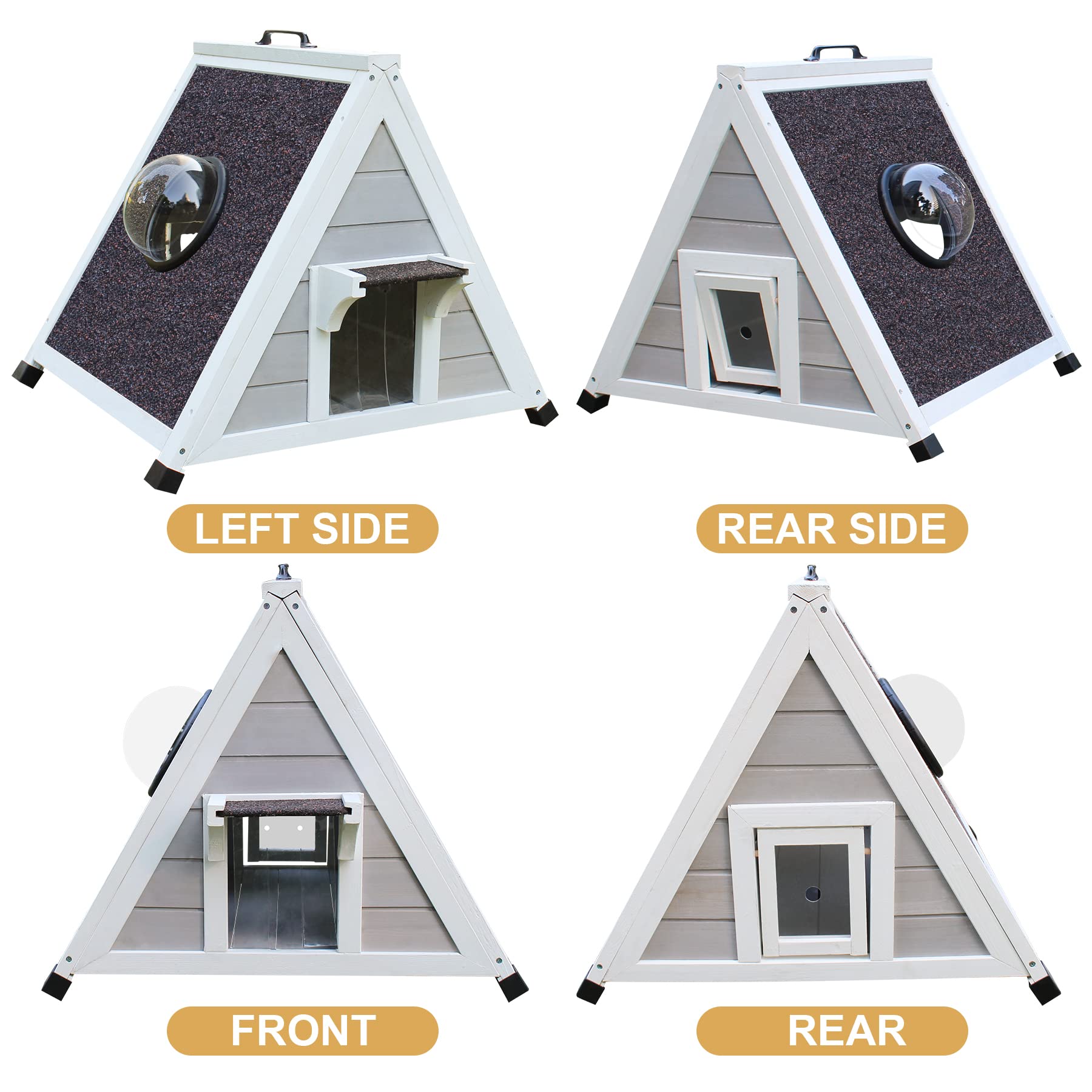 **Weatherproof Outdoor Cat House for Feral & Stray Cats - Insulated Wooden Shelter with Escape Door & Clear Window - Grey Small Pet House for Winter & All Seasons (Perfect for Backyard, Garden & Patio)**