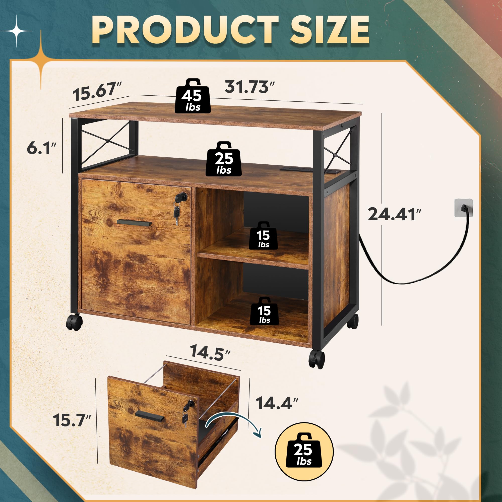 DEVAISE Locking Wood Lateral File Cabinet with Wheels - Rolling Printer Stand with Open Storage Shelf for Home Office, Rustic Brown - Perfect for Organizing Documents & Office Supplies in Small Spaces