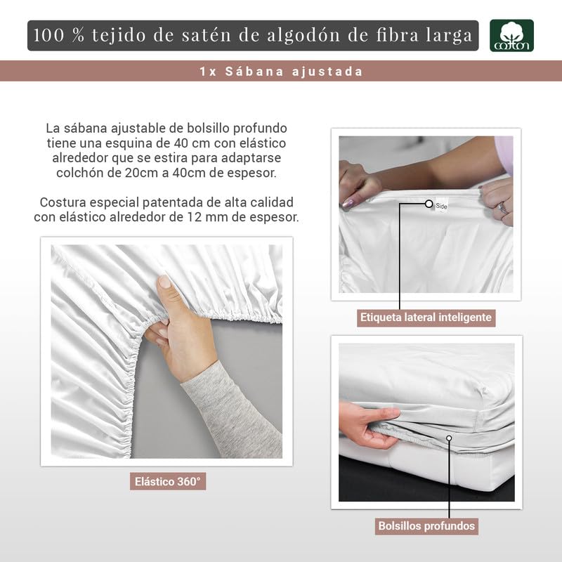 Pizuna 150x200 Adjustable Cotton White Fitted Sheet, Luxury 400 Thread Count 100% Long-Staple Cotton Satin Weave - Fits Mattresses Up to 40cm Thick (1 Piece) - Perfect for Guest Beds, Master Bedrooms & Luxury Hotels