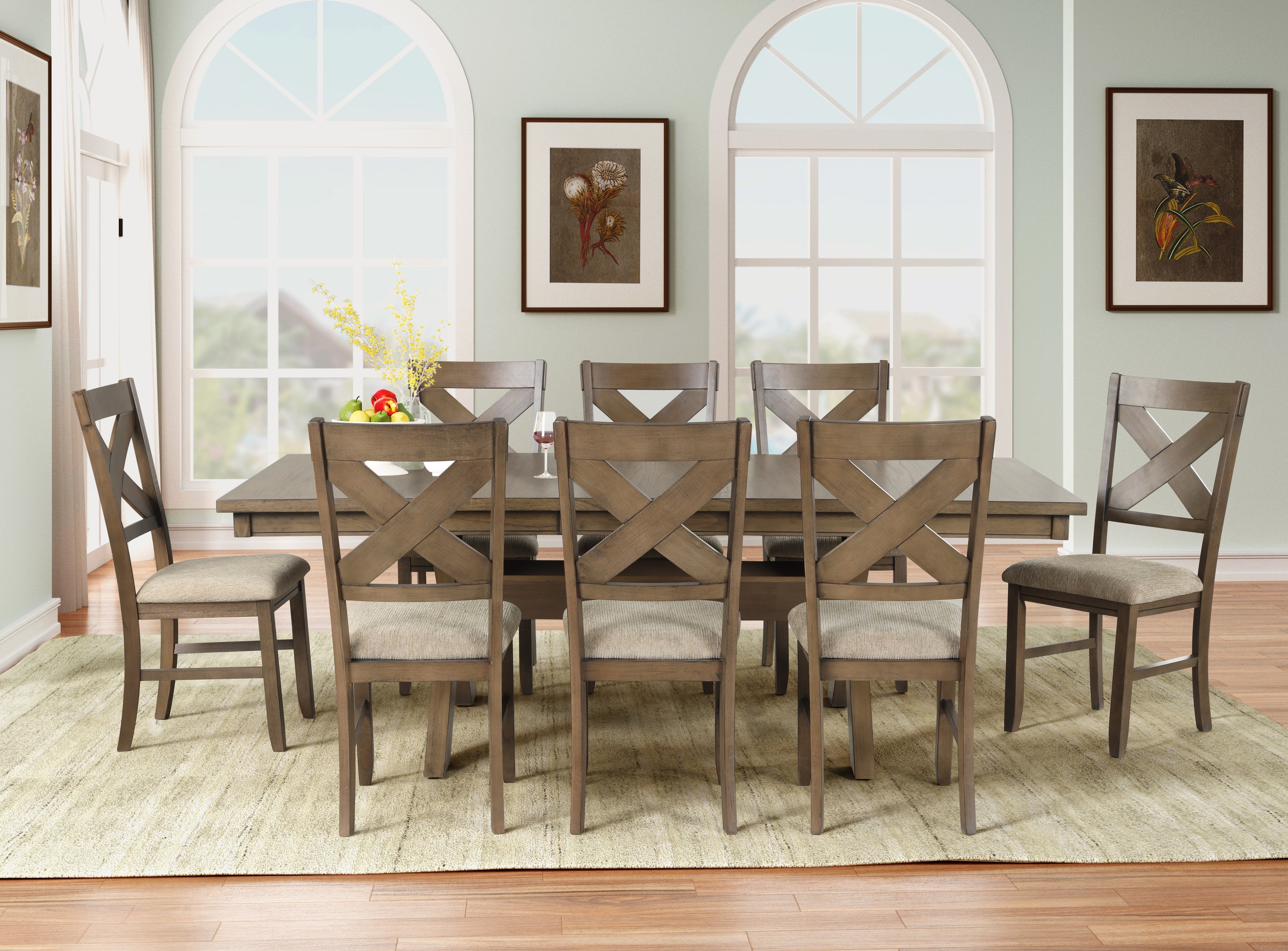 Raven Wood 9-Piece Extendable Trestle Dining Table Set with 8 Chairs in Glazed Pine Brown - Perfect for Family Gatherings, Dinner Parties, and Farmhouse-Style Dining Rooms