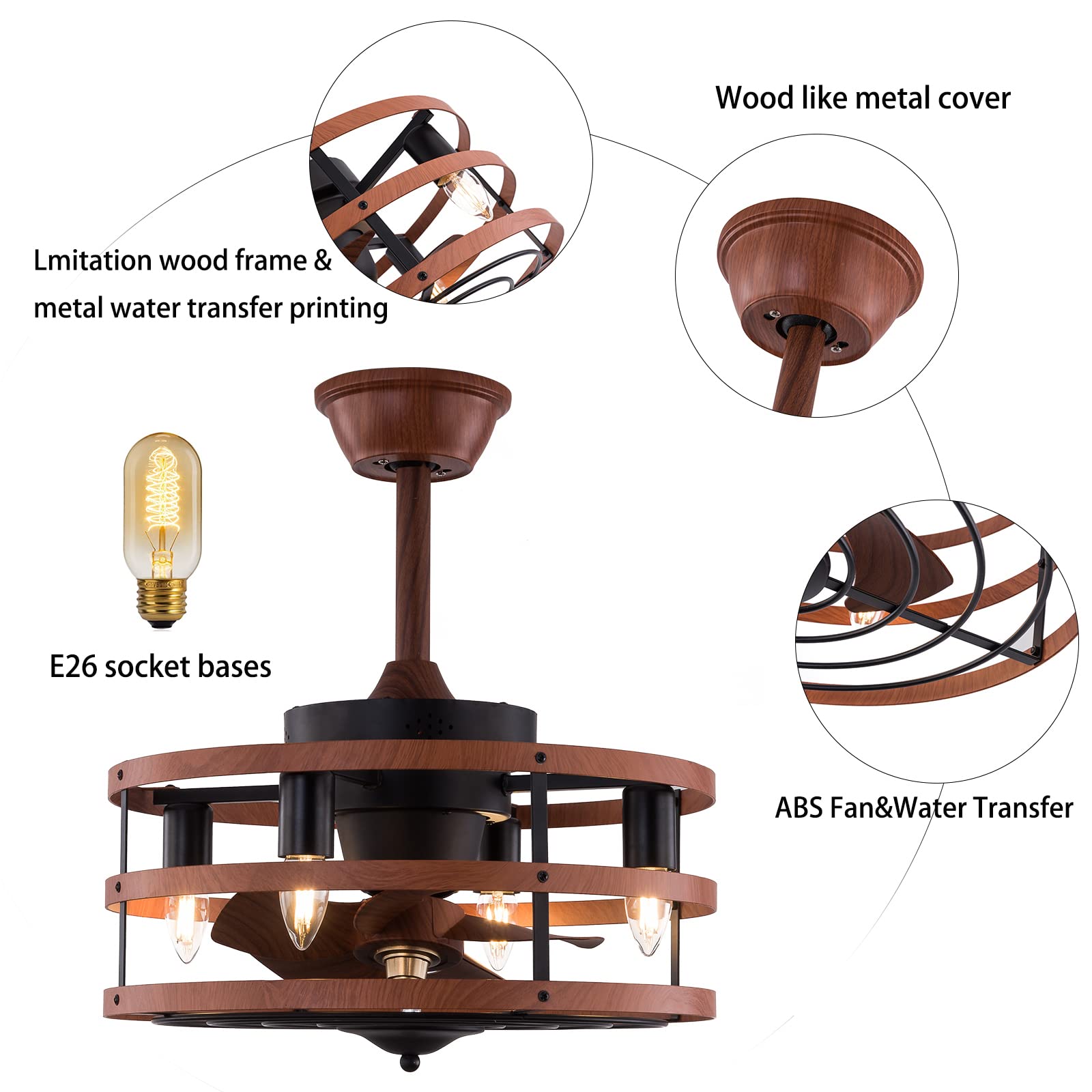 18 Inch Rustic Farmhouse Ceiling Fan with Lights & Remote Control - Wooden Rings Framed Modern Design for Small Bedroom (Down Rod Mount, Brown) | Perfect for Home, Office, and Indoor Spaces
