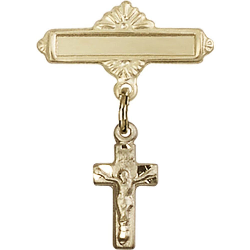 Gold Filled Baby Badge with Crucifix Charm & Polished Pin - 1 X 5/8 Inch Religious Jewelry for Baptism, Christening & First Communion Gifts
