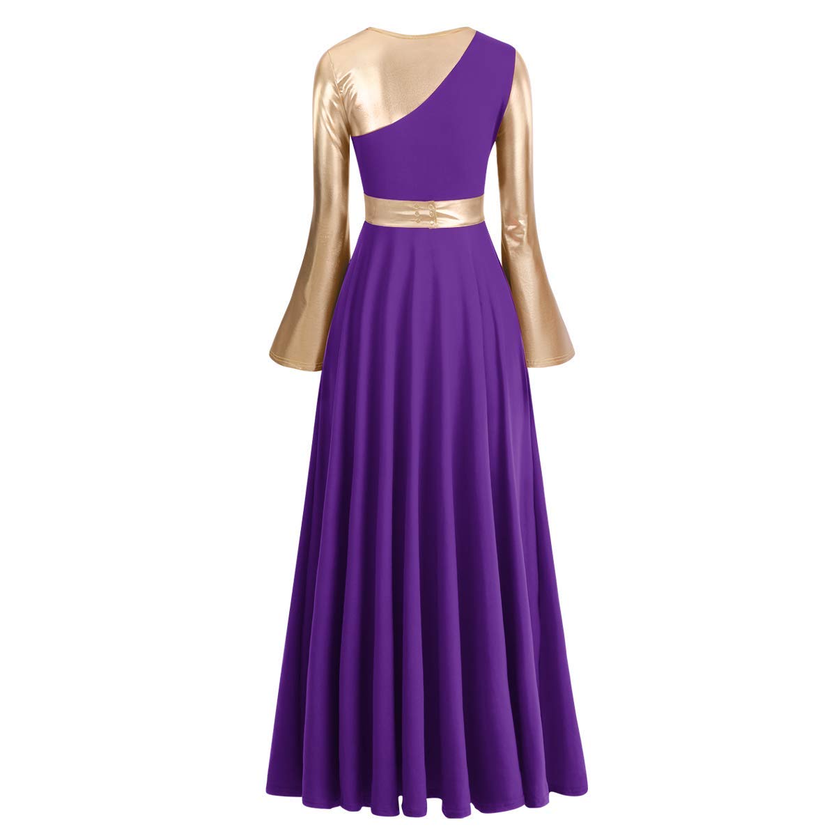 Metallic Praise Dance Dress for Women - Color Block Bell Sleeve Full Length Liturgical Worship Dress | Church Performances, Gospel Choir, Spiritual Dance Costume