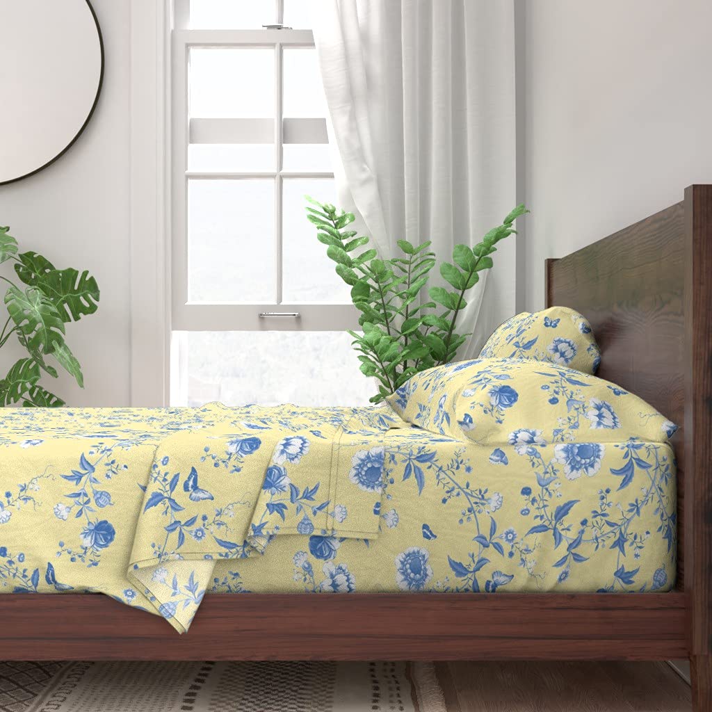 Premium 100% Cotton Twin Sheet Set - 3pc Pale Yellow Chinoiserie Floral Print with Blue Flowers & Butterflies | Soft Breathable Bedding for Cozy Nights & Guest Rooms