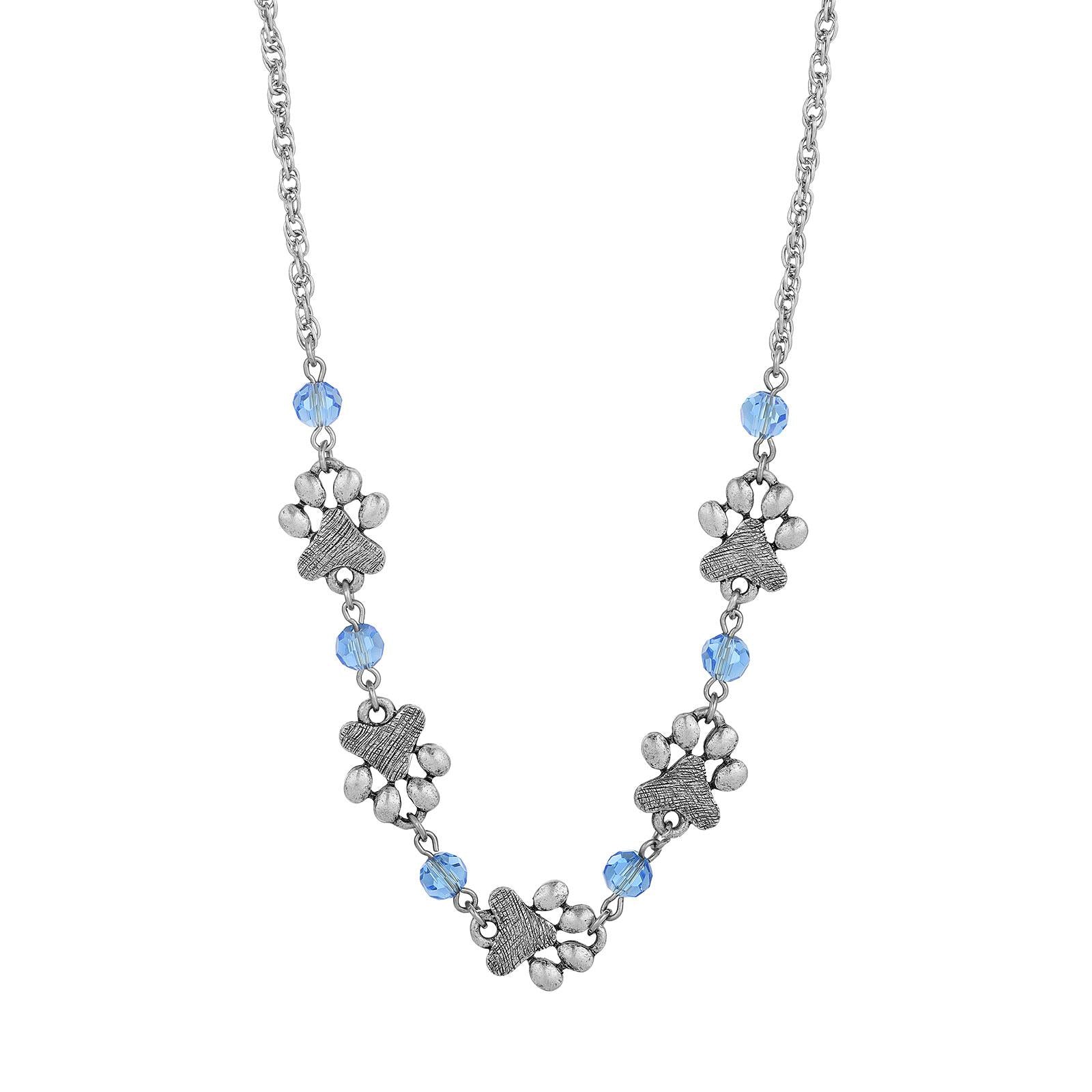 1928 Jewelry Light Blue Sapphire Bead Pewter Paw Necklace - 16