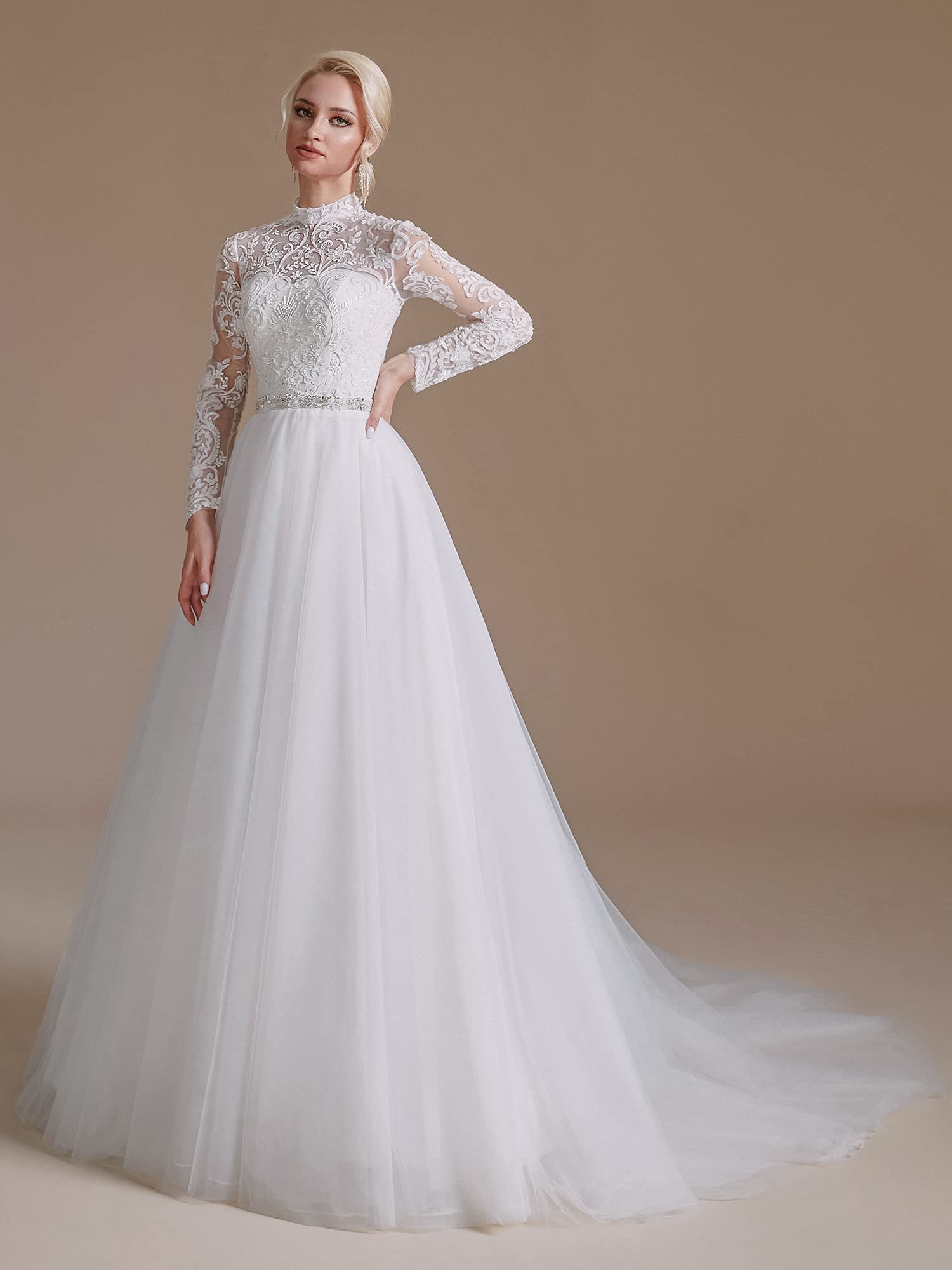 2022 Elegant Lace Appliques Chiffon Wedding Dress for Bride - Long Sleeve Beach Bridal Gown | Perfect for Beach Weddings, Outdoor Ceremonies & Romantic Photoshoots
