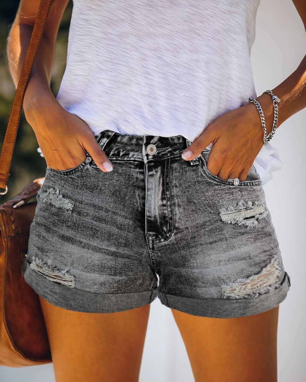Women's High Waisted Ripped Denim Shorts - Stretchy Comfort Fit with Cuffed Hem - Trendy Distressed Jean Shorts for Summer Outfits, Beach Vacations & Casual Street Style