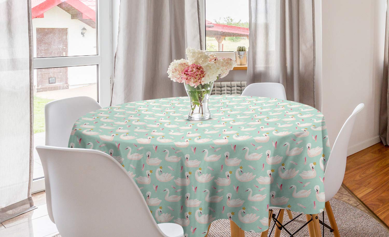 Lunarable Bird Print Round Tablecloth - Swans in Crowns & Feathers Pastel Pattern, 60 Inch Circle Table Cover for Dining Room & Kitchen Decor (Green & Pink) | Perfect for Dinner Parties, Tea Time & Home Decoration