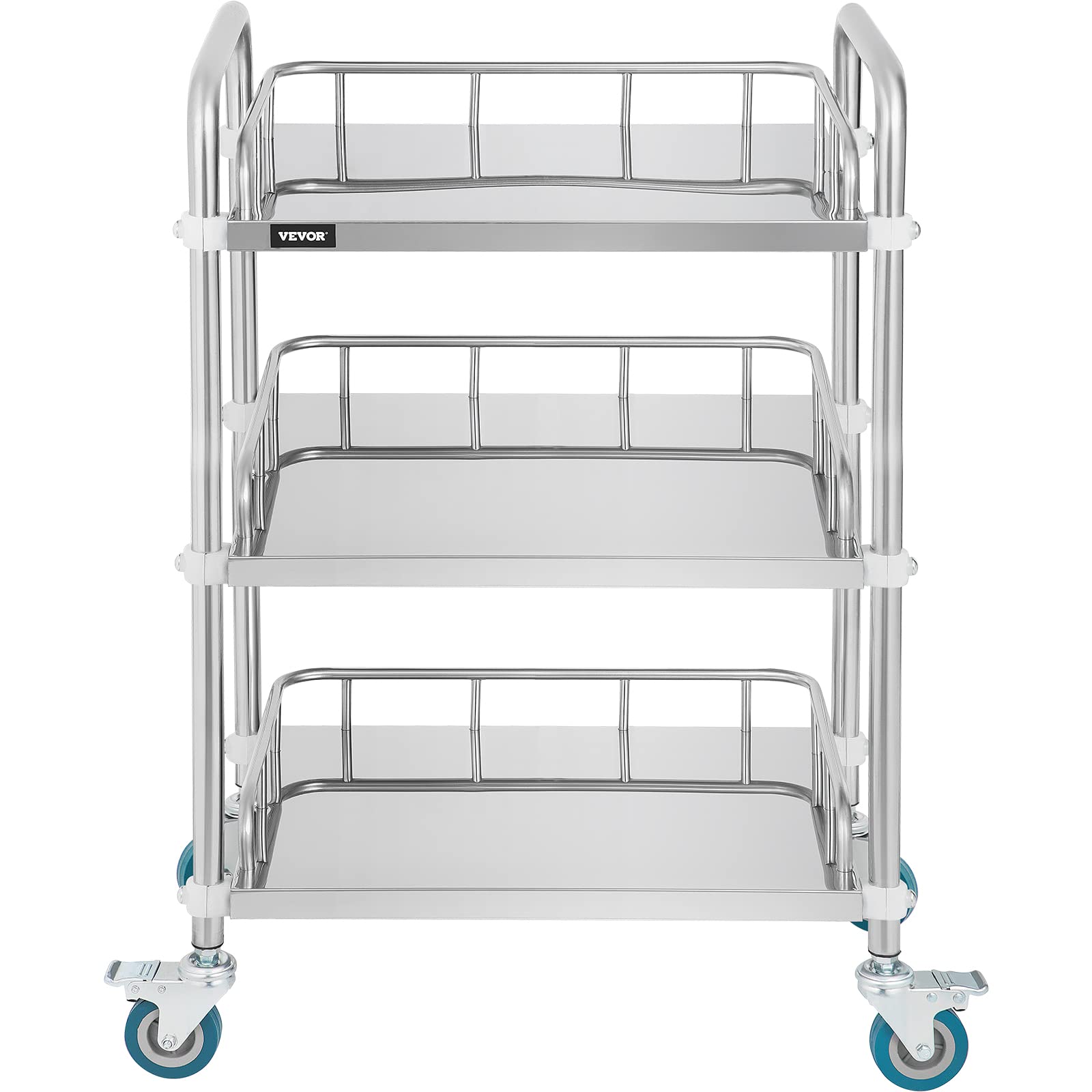 VEVOR 3-Tier Stainless Steel Utility Cart with Wheels - Heavy Duty Rolling Cart for Commercial Kitchen, Restaurant, Medical, Dental & Lab Use - Mobile Serving Cart for Catering, Dining & Hospital Services