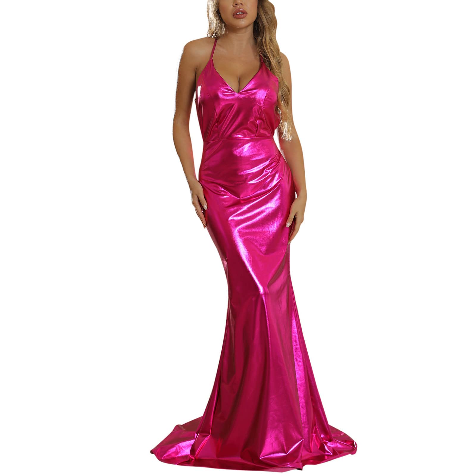 KASAAS Women's Sequin V-Neck Sleeveless Party Dress - Elegant Evening Gown for Christmas, Cocktail & Holiday Events in Hot Pink