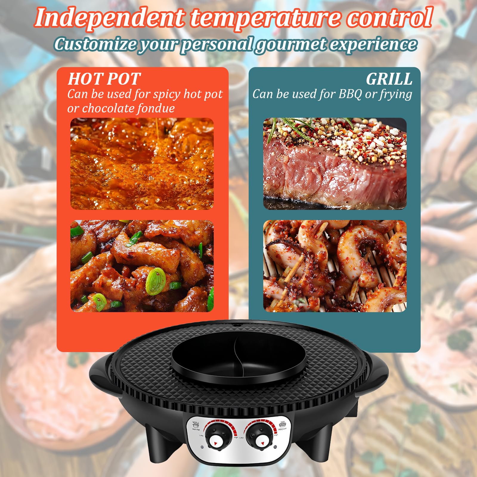 2 in 1 Electric Hot Pot & Korean BBQ Grill - Dual Temperature Control, Smokeless Nonstick Coating for Simmering, Boiling, Frying & Roasting - Perfect for Indoor Family Dinners, Parties & Asian Cuisine Cooking