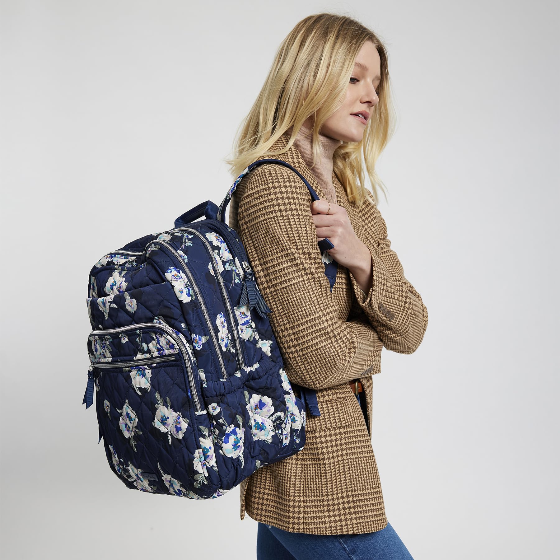 Vera Bradley Women's Performance Twill XL Campus Backpack - Blooms & Branches Navy Blue, Large Laptop Backpack for College, Work & Travel, Durable School Bookbag with Spacious Compartments