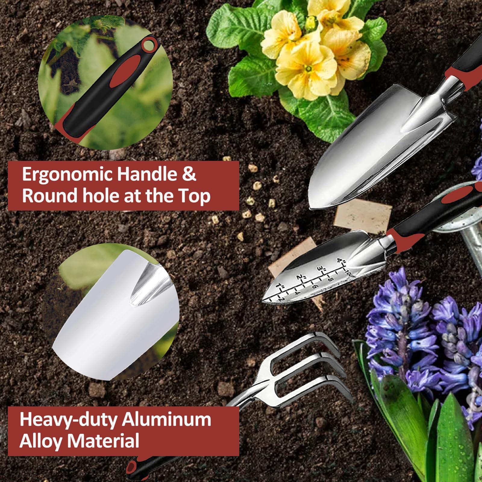**3-Piece Heavy Duty Garden Tool Set - Stainless Steel Garden Trowel, Transplant Trowel & Hand Rake with Non-Slip Ergonomic Handle - Perfect for Planting, Weeding & Landscaping - Ideal Gardening Gifts for Women & Men**