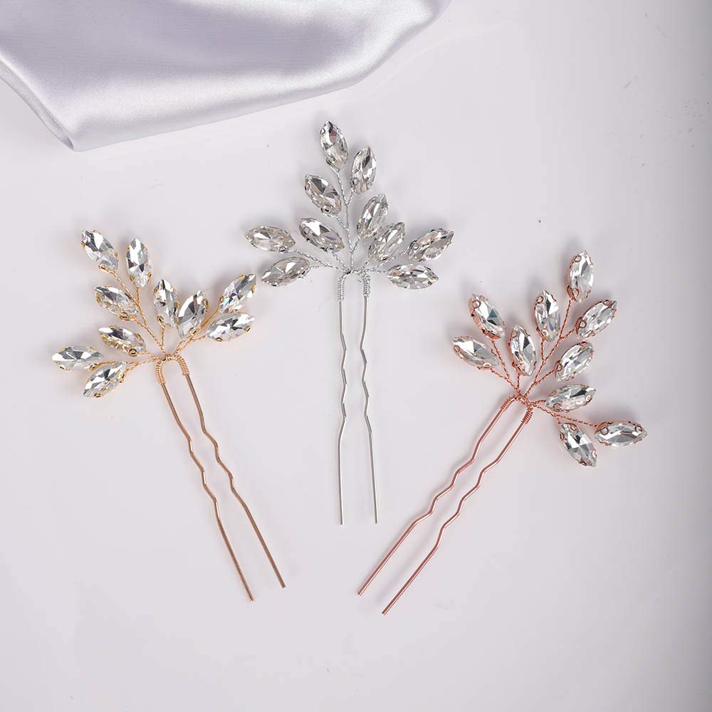 YERTTER 3-Piece Rose Gold Wedding Hair Pins Set - Faux Crystal Rhinestone Bridal Hair Clips for Bride & Bridesmaids - Perfect for Weddings, Prom, Parties & Special Occasions